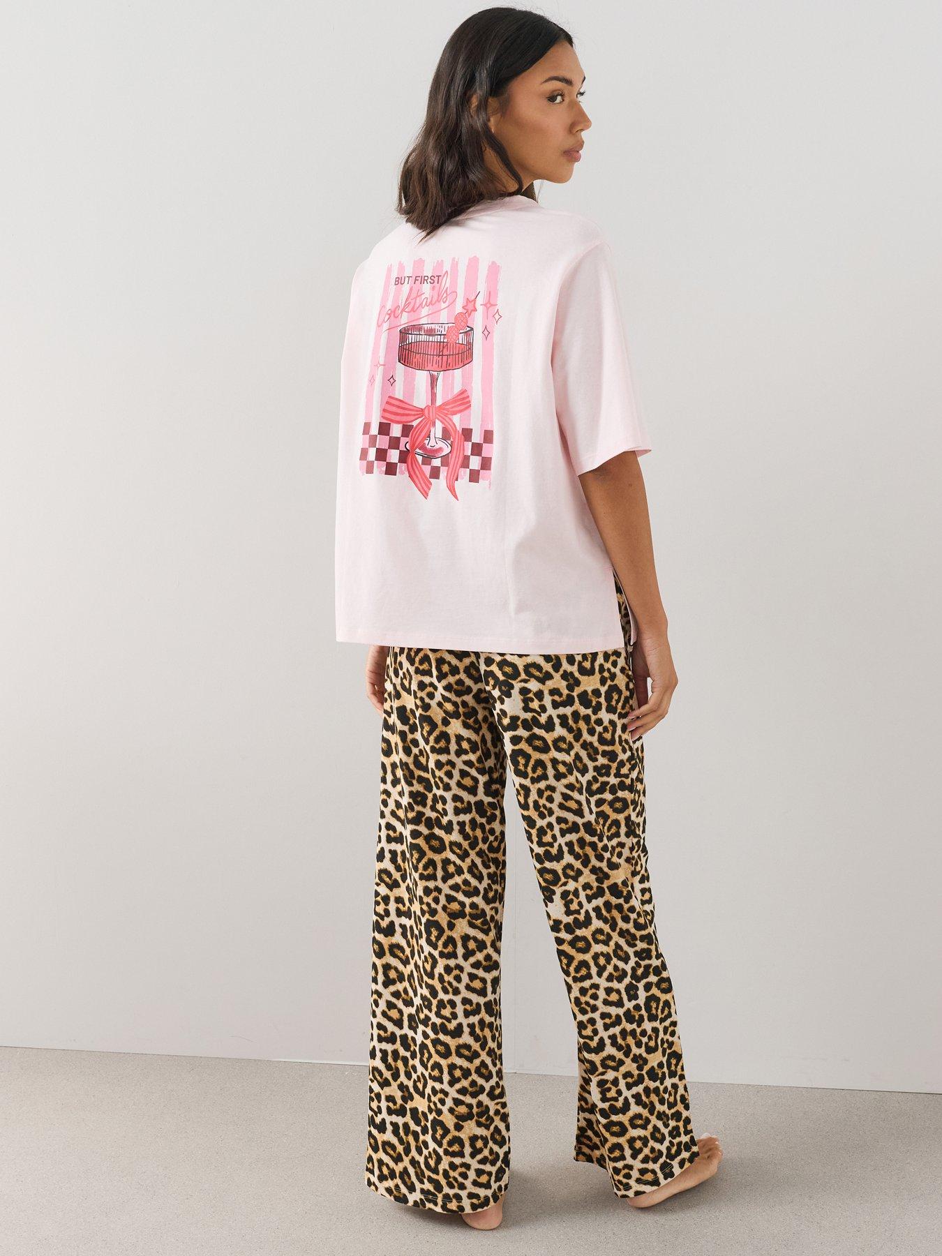 Image 1 of 7 of The Very Collection Oversized Bow Print T-shirt And Leopard Wide Leg Pyjama Set - Pink