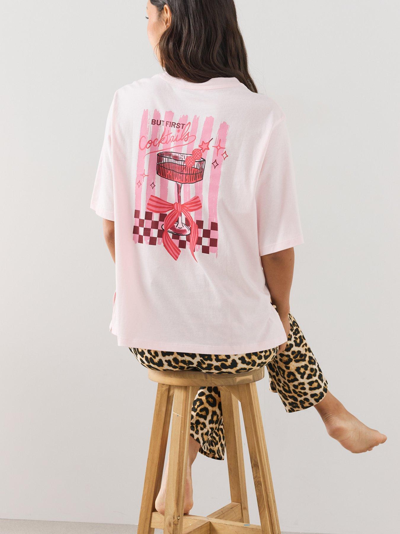 Image 2 of 7 of The Very Collection Oversized Bow Print T-shirt And Leopard Wide Leg Pyjama Set - Pink