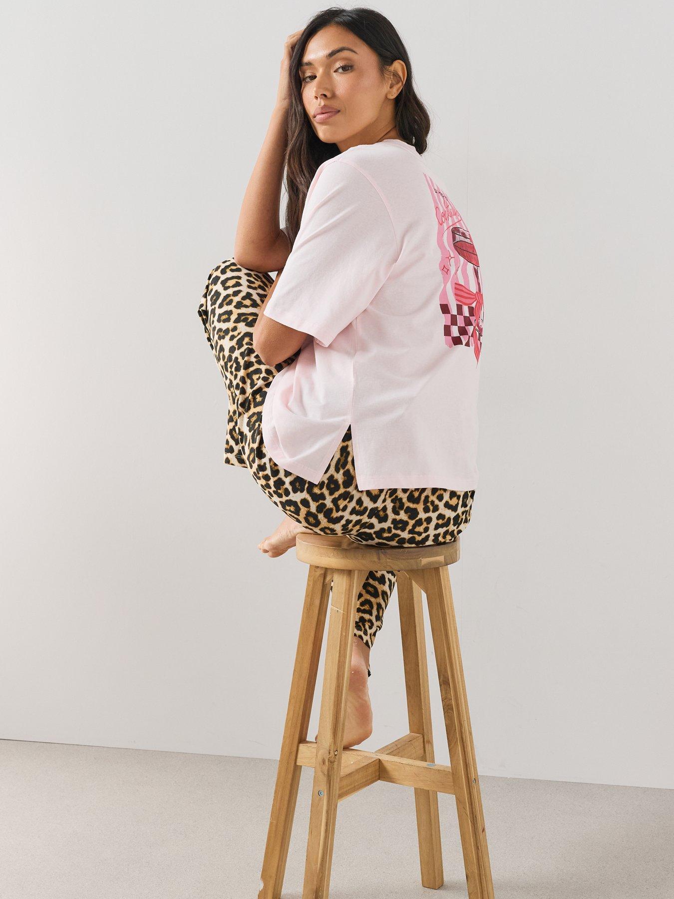 Image 5 of 7 of The Very Collection Oversized Bow Print T-shirt And Leopard Wide Leg Pyjama Set - Pink