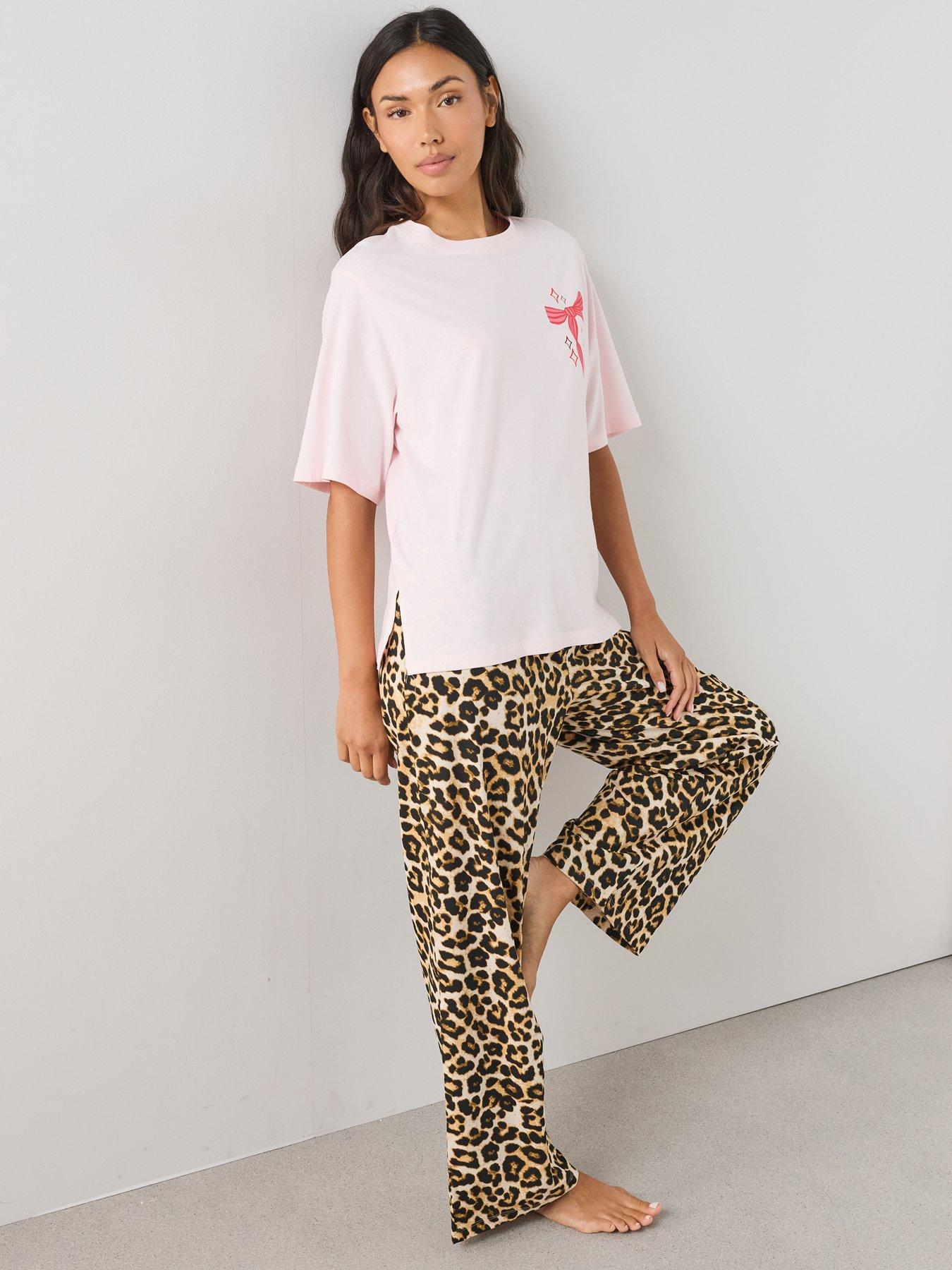 Image 6 of 7 of The Very Collection Oversized Bow Print T-shirt And Leopard Wide Leg Pyjama Set - Pink