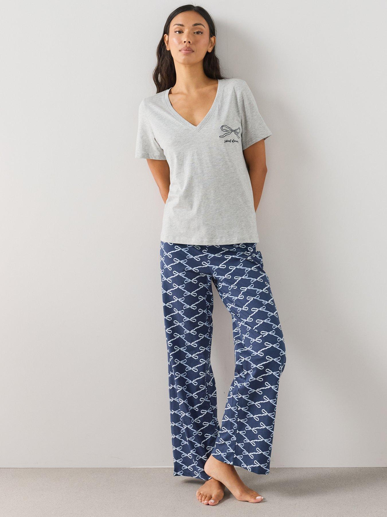 The Very Collection V Neck Bow Print Tshirt And Wide Leg Pyjama Set