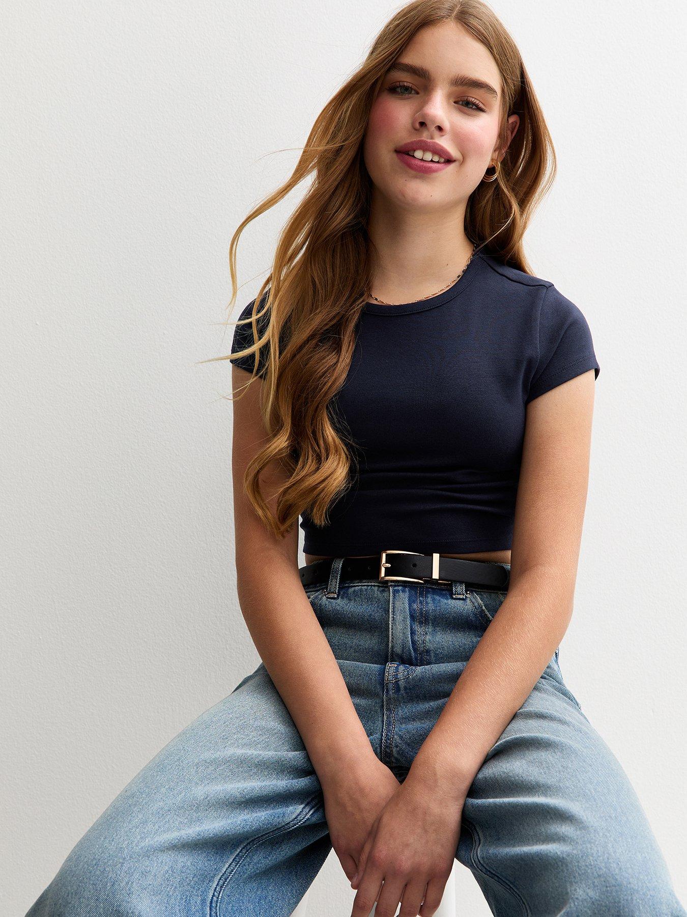 New Look 915 Girls Ruched Side Cap Sleeve T-Shirt - Navy