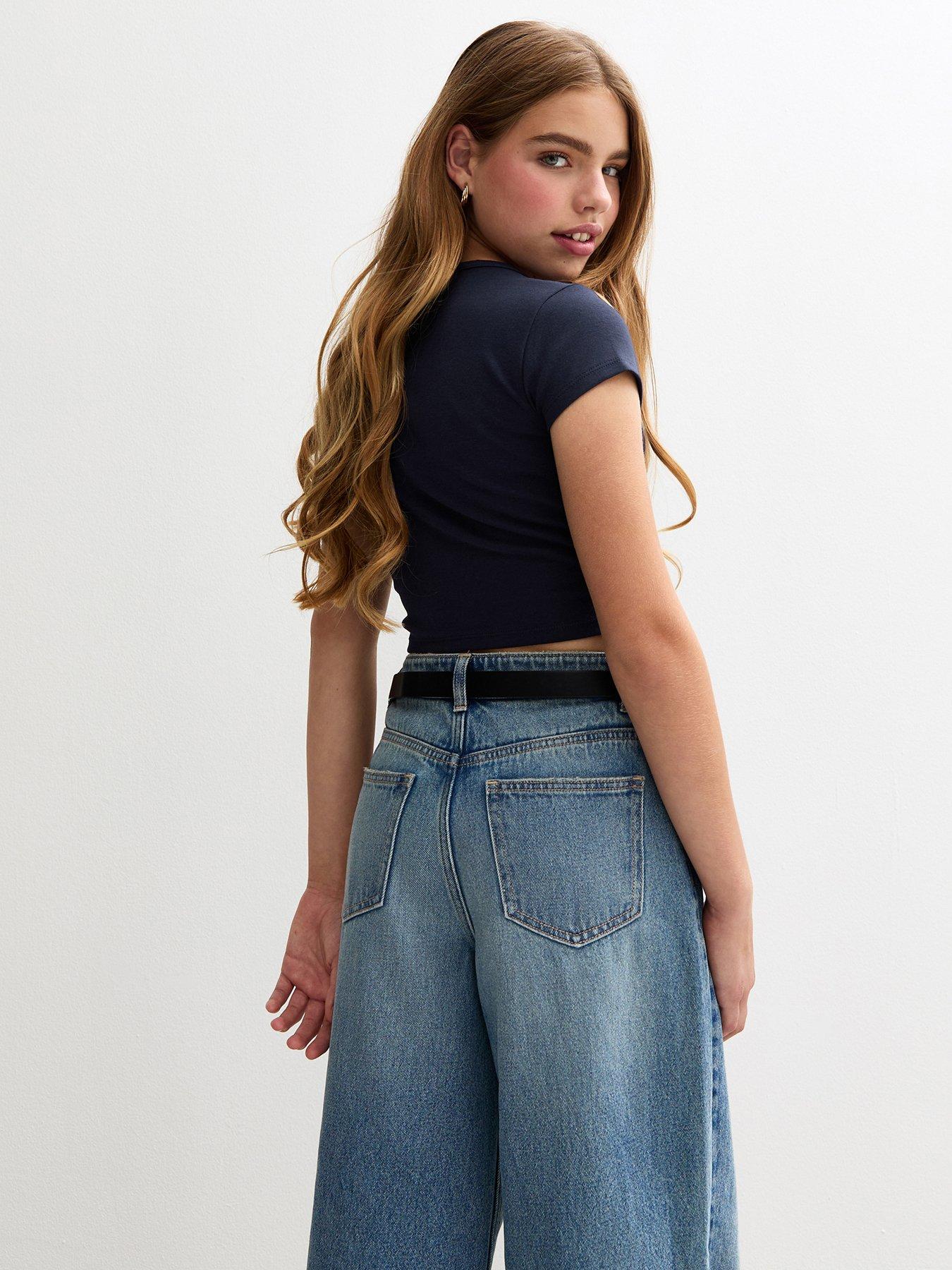 Image 2 of 5 of New Look 915 Girls Navy Ruched Side Cap Sleeve T-shirt