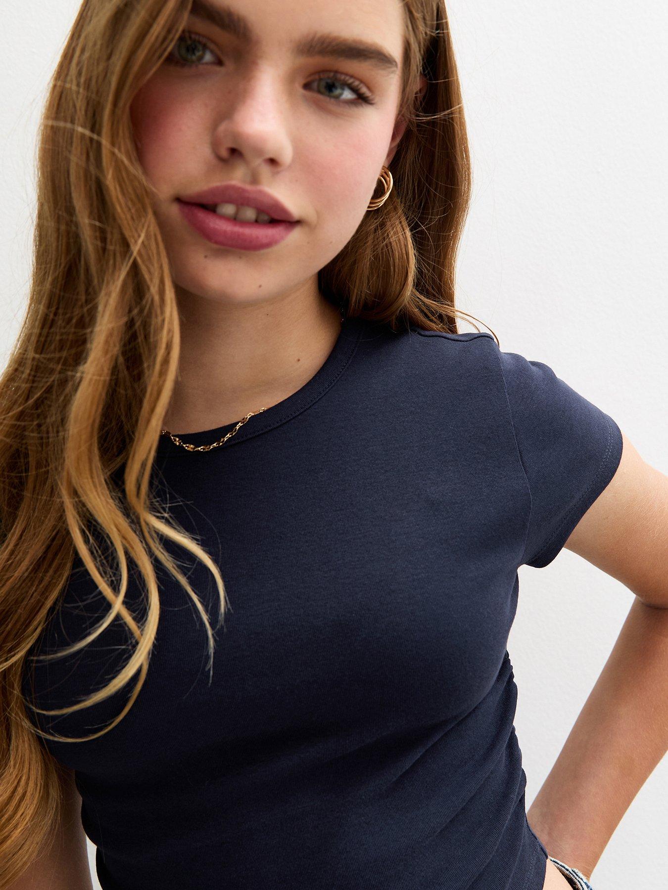 Image 4 of 5 of New Look 915 Girls Navy Ruched Side Cap Sleeve T-shirt