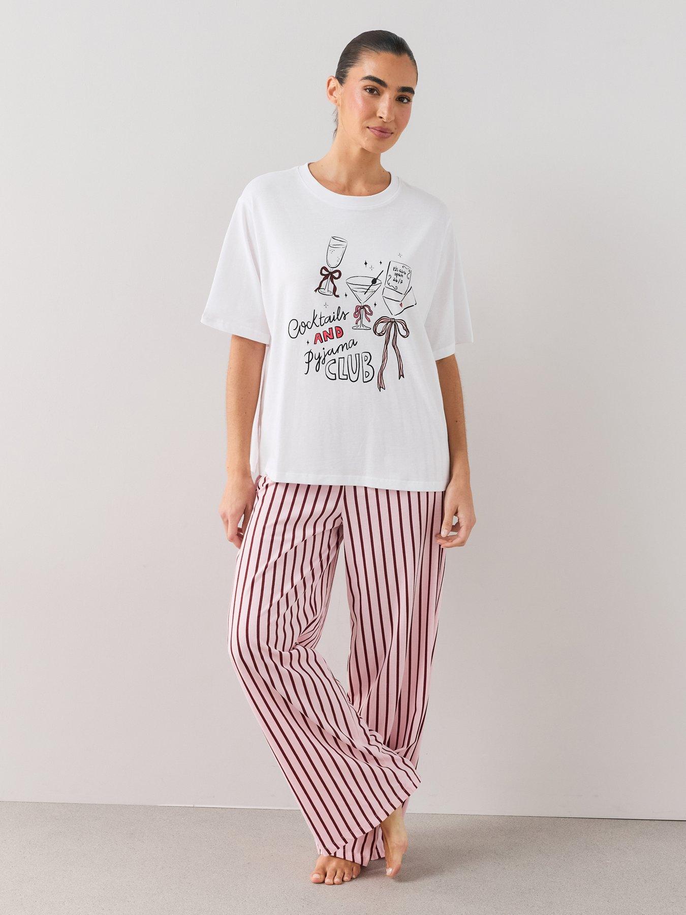 The Very Collection Oversized Cocktail Club Tshirt And Stripe Wide Leg Pyjama Set