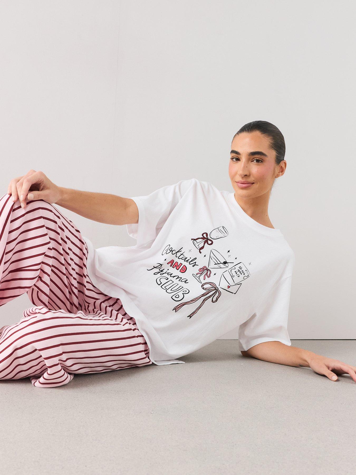 Image 3 of 6 of The Very Collection Oversized Cocktail Club T-shirt And Stripe Wide Leg Pyjama Set - Multi