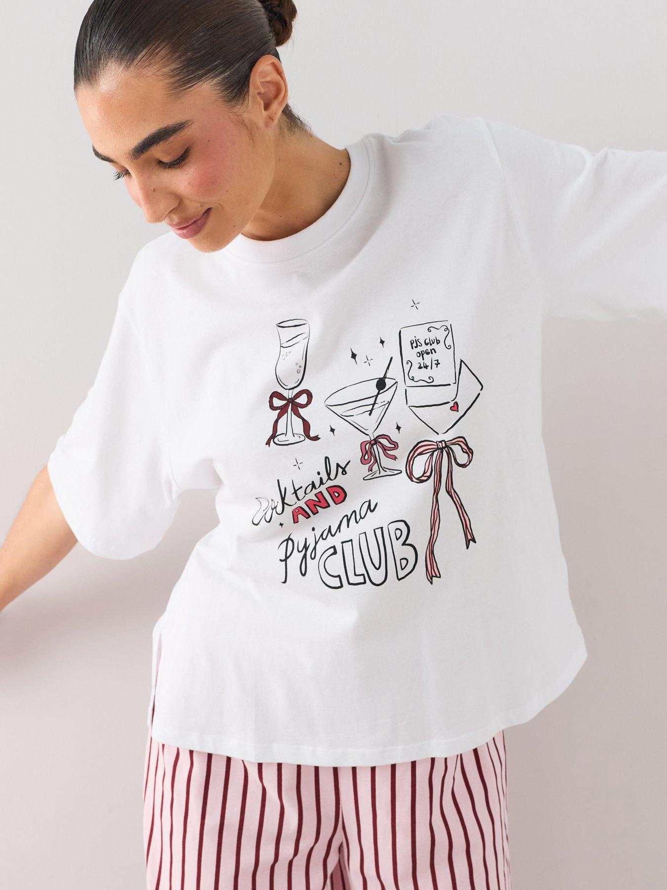 Image 4 of 6 of The Very Collection Oversized Cocktail Club T-shirt And Stripe Wide Leg Pyjama Set - Multi