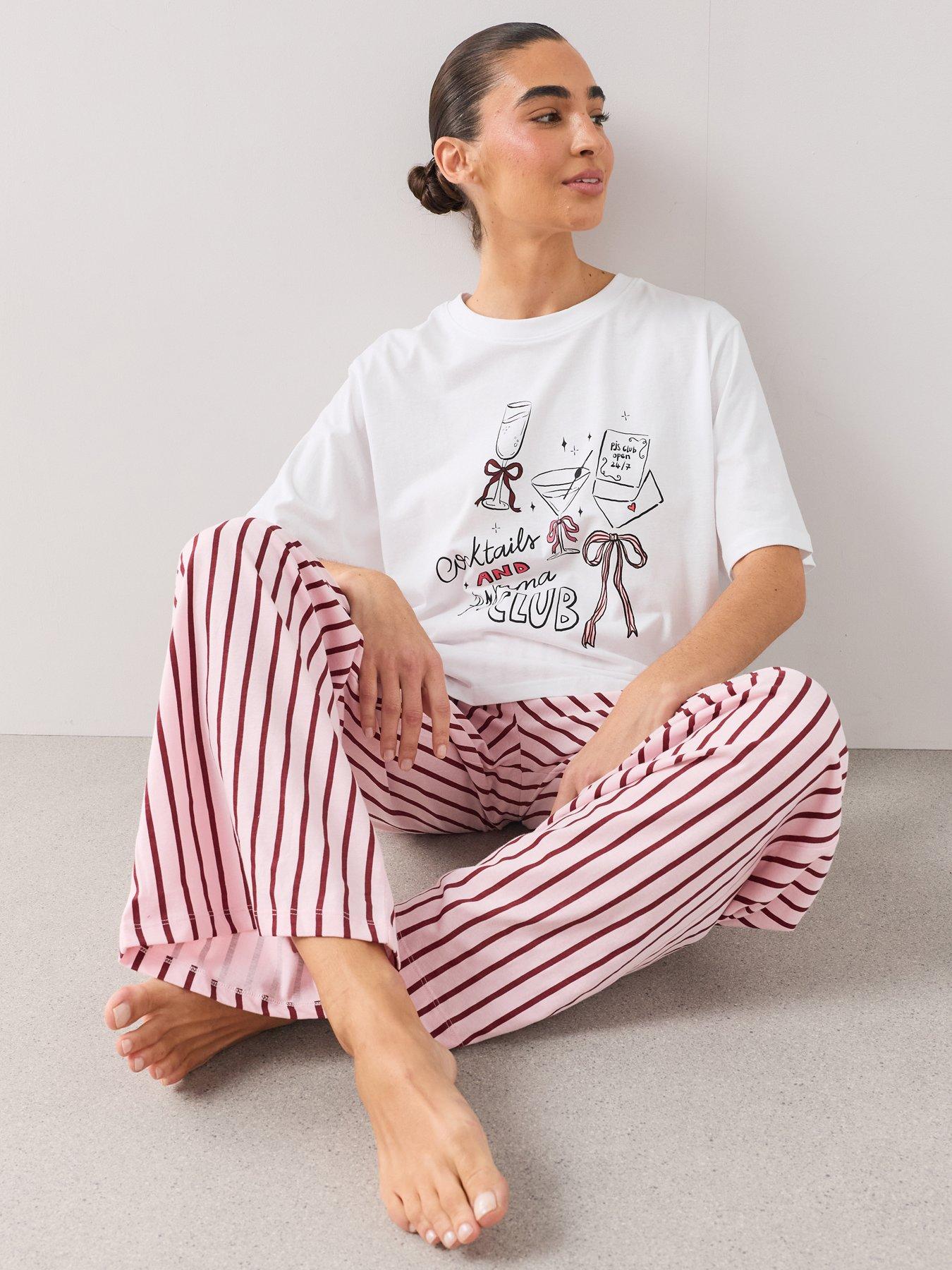 Image 5 of 6 of The Very Collection Oversized Cocktail Club T-shirt And Stripe Wide Leg Pyjama Set - Multi