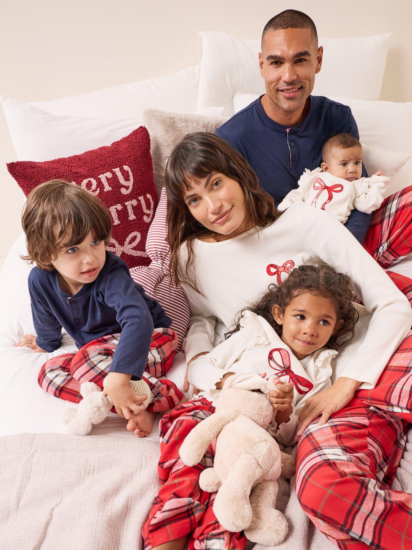 The Very Collection Womens Family Christmas Pyjama Bow Ribbed Top And Check Woven Bottoms Set