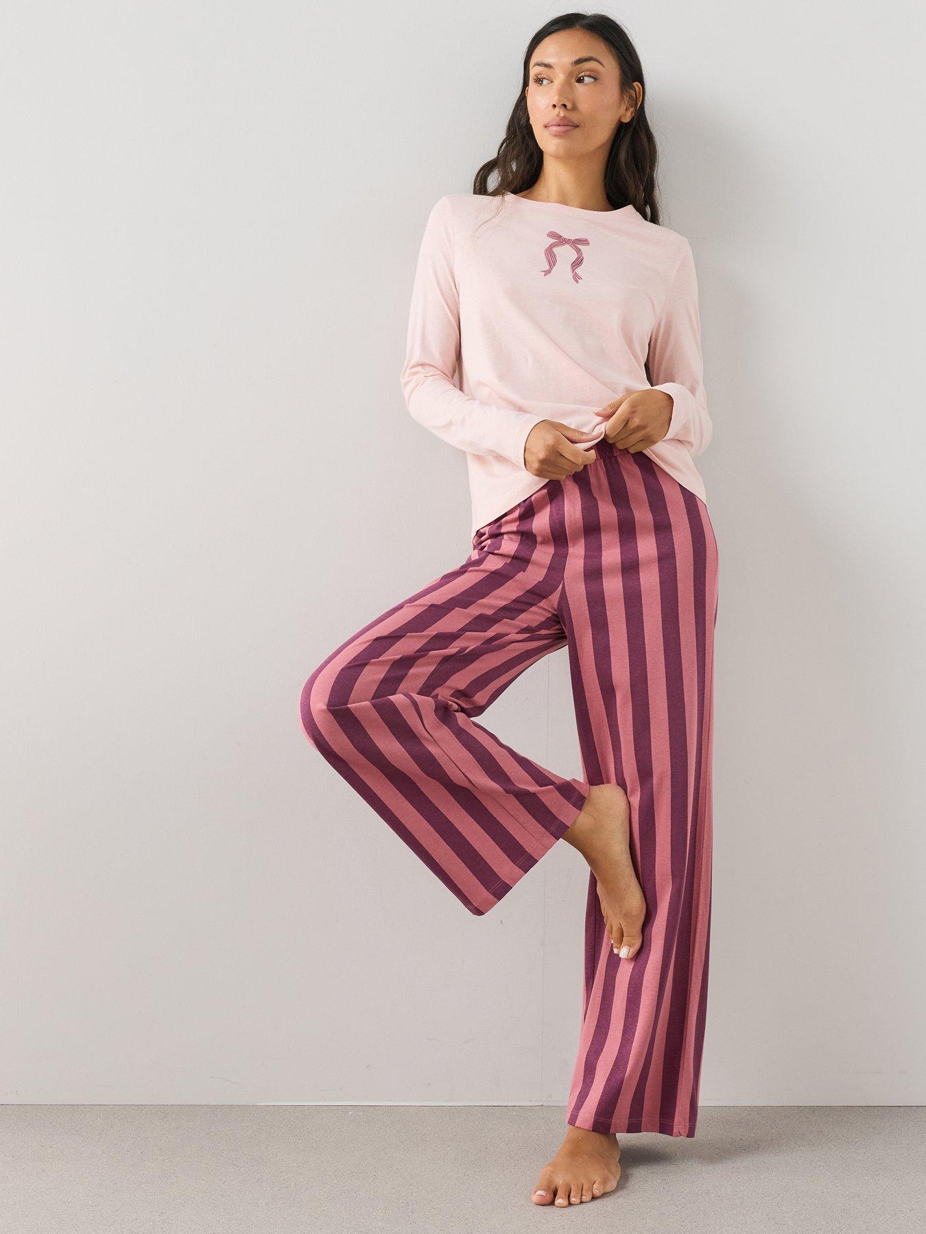 The Very Collection Long Sleeve Bow Print And Stripe Wide Leg Pyjama Set