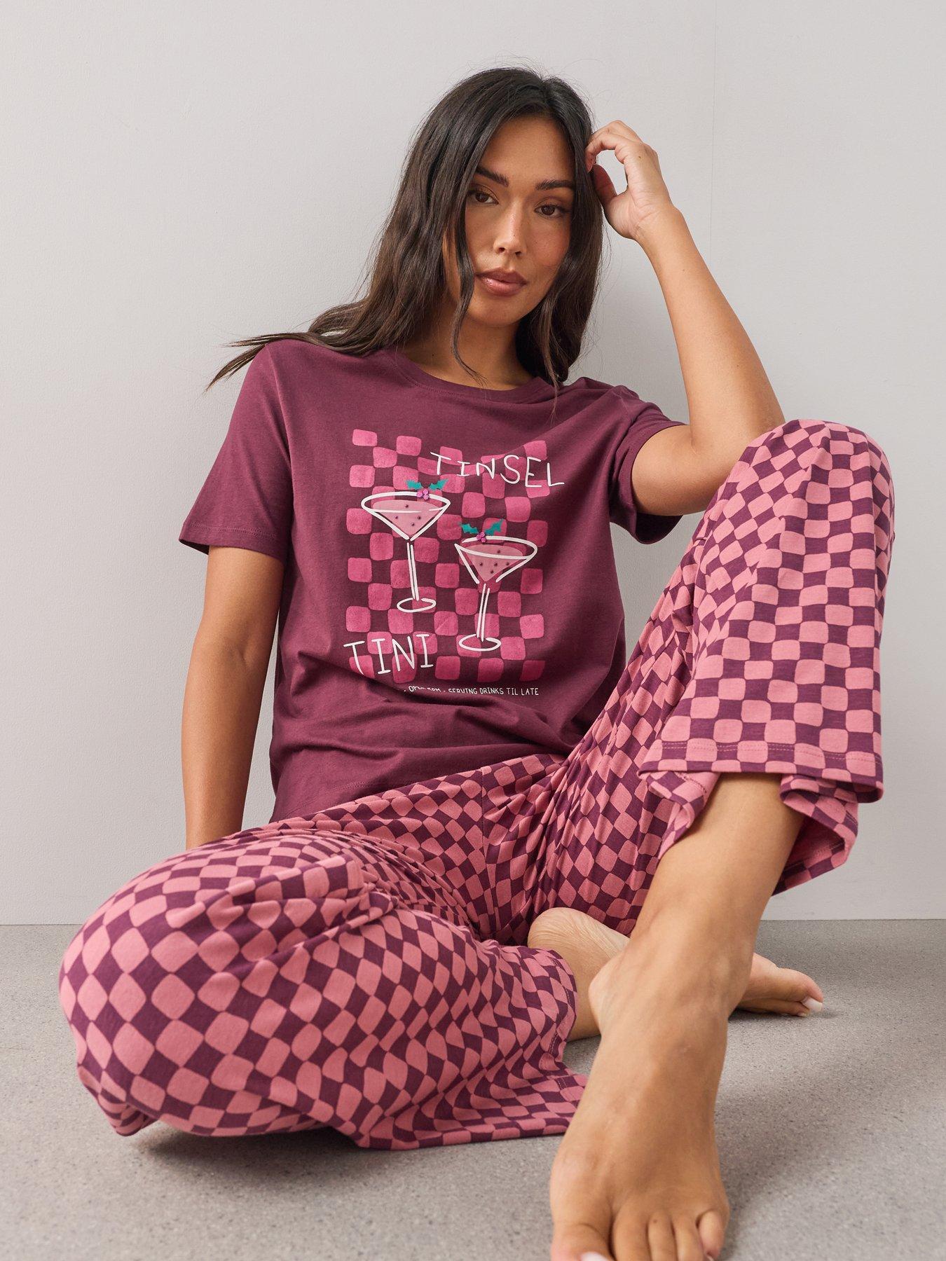 Image 1 of 6 of The Very Collection Short Sleeve Tinsle Tini T-shirt And Wide Leg Pyjama Set - Purple