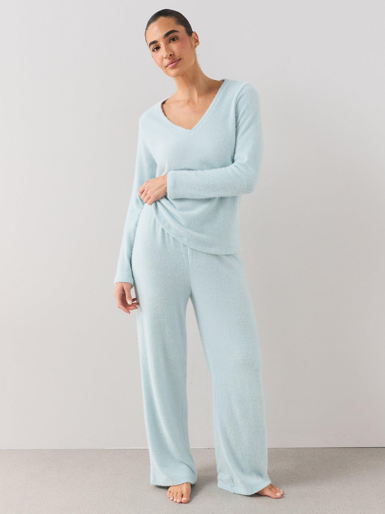 Image 1 of 7 of The Very Collection V Neck Knit Soft Touch Top And Wide Leg Pyjama Set - Blue