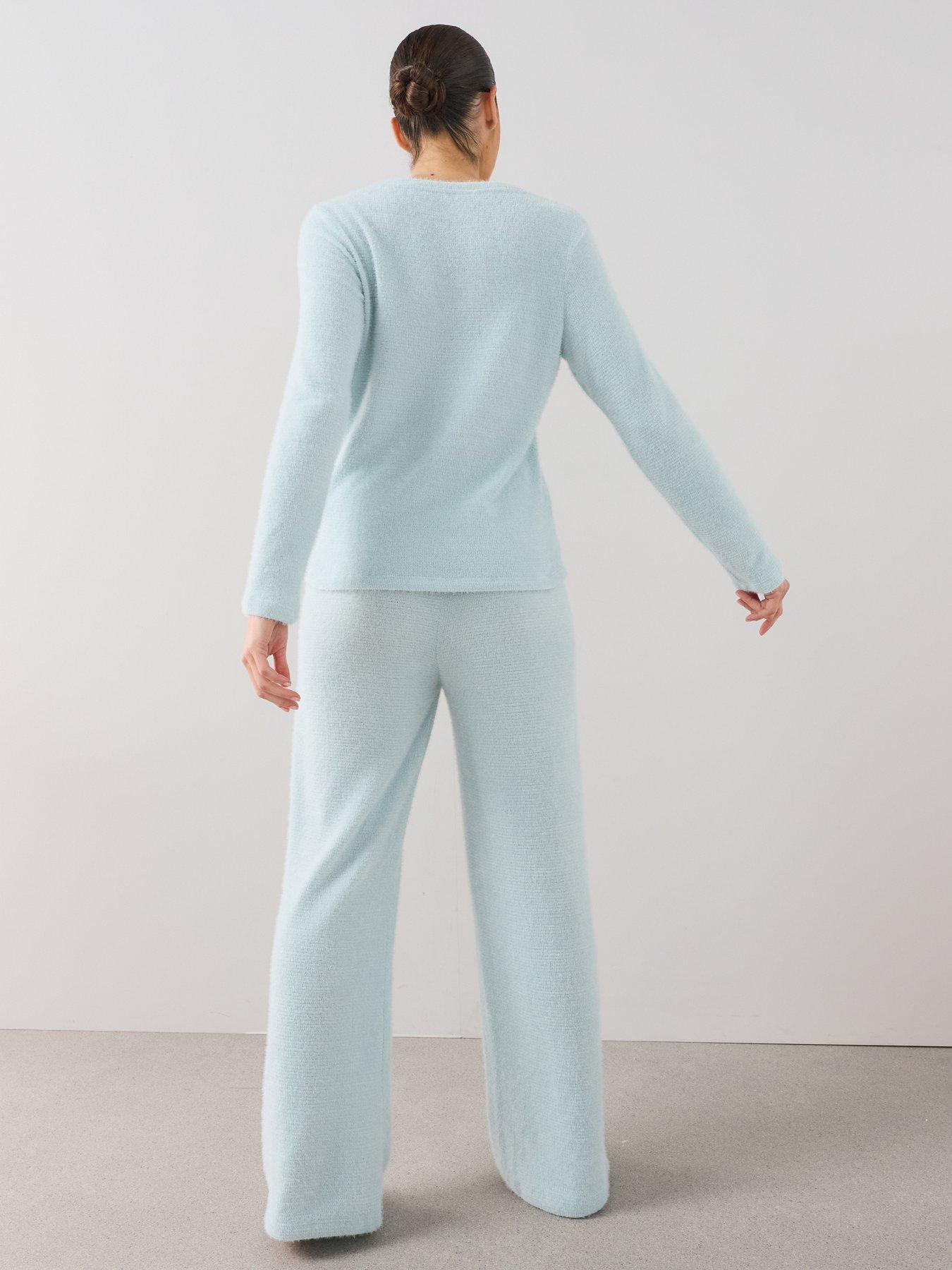 Image 2 of 7 of The Very Collection V Neck Knit Soft Touch Top And Wide Leg Pyjama Set - Blue