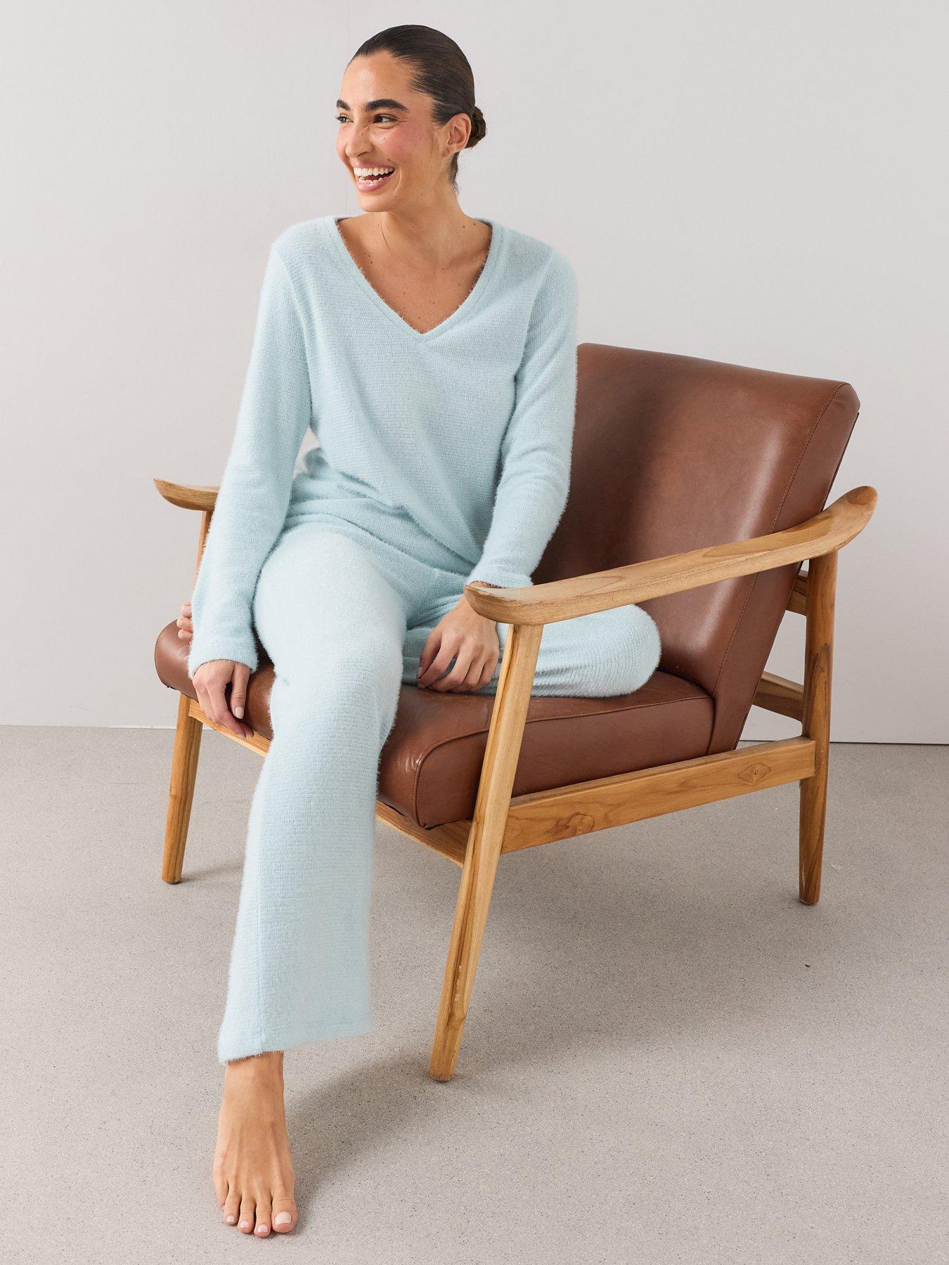Image 3 of 7 of The Very Collection V Neck Knit Soft Touch Top And Wide Leg Pyjama Set - Blue