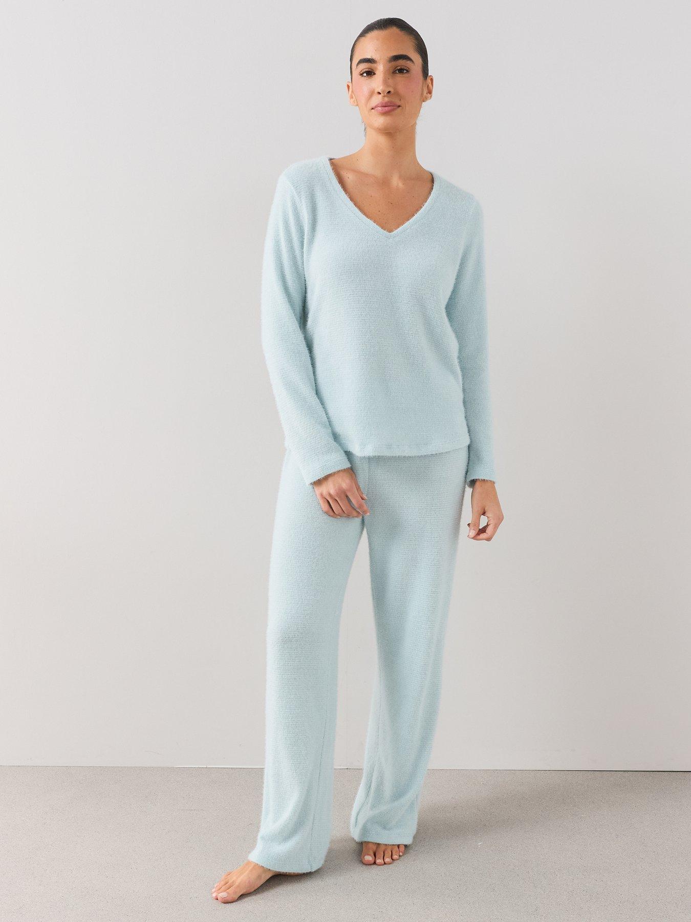 Image 5 of 7 of The Very Collection V Neck Knit Soft Touch Top And Wide Leg Pyjama Set - Blue