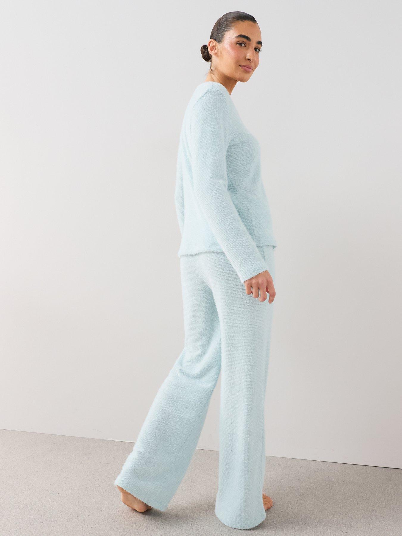 Image 6 of 7 of The Very Collection V Neck Knit Soft Touch Top And Wide Leg Pyjama Set - Blue