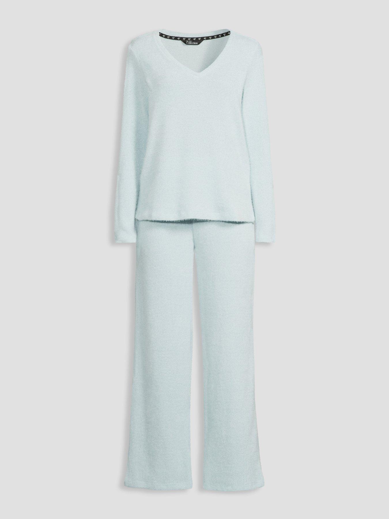 Image 7 of 7 of The Very Collection V Neck Knit Soft Touch Top And Wide Leg Pyjama Set - Blue