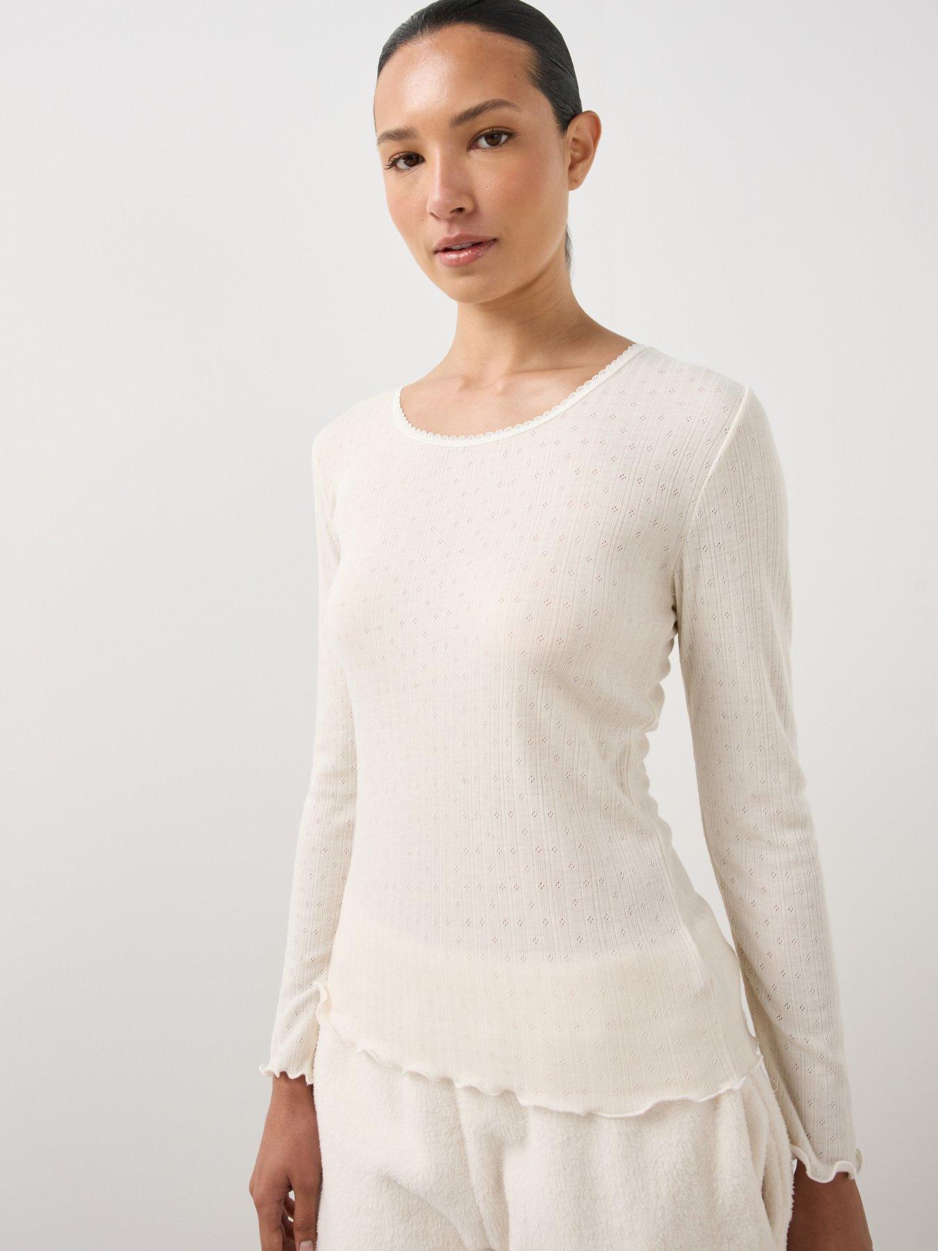 Image 1 of 6 of The Very Collection Womens Pointelle Thermal Long Sleeve Blouse - Cream