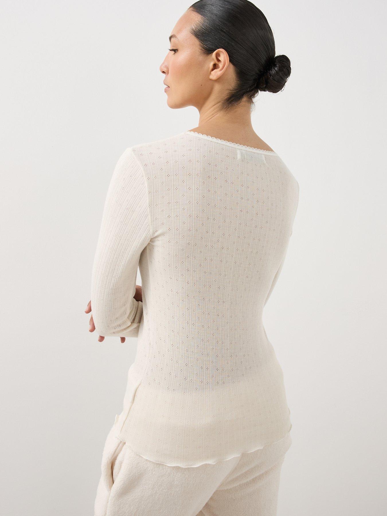 Image 2 of 6 of The Very Collection Womens Pointelle Thermal Long Sleeve Blouse - Cream