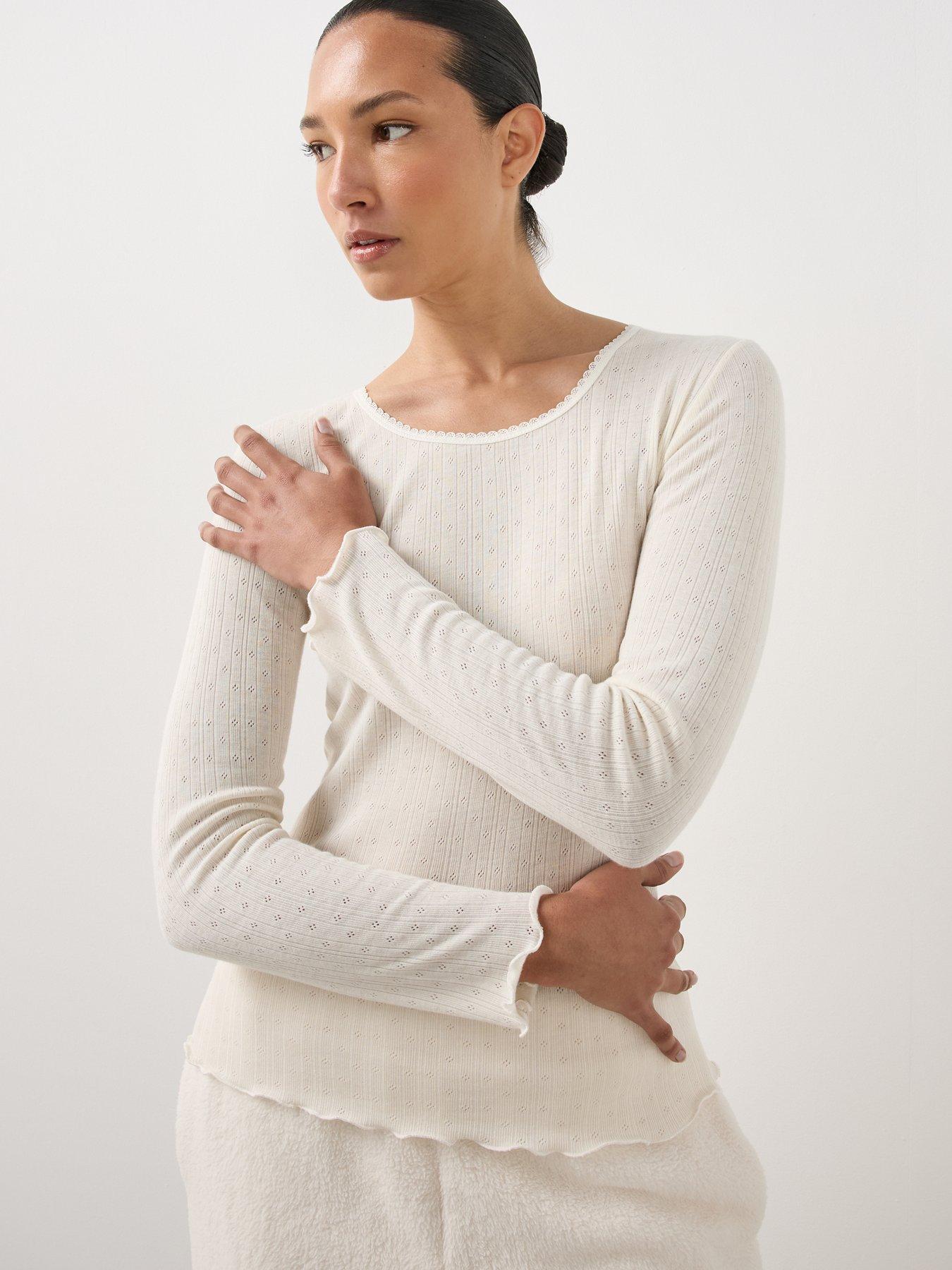 Image 5 of 6 of The Very Collection Womens Pointelle Thermal Long Sleeve Blouse - Cream
