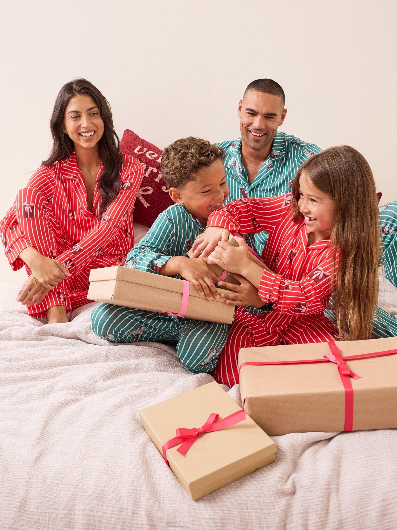 The Very Collection Womens Family Christmas Pyjama Stripe Present Jersey Revere Set - Red