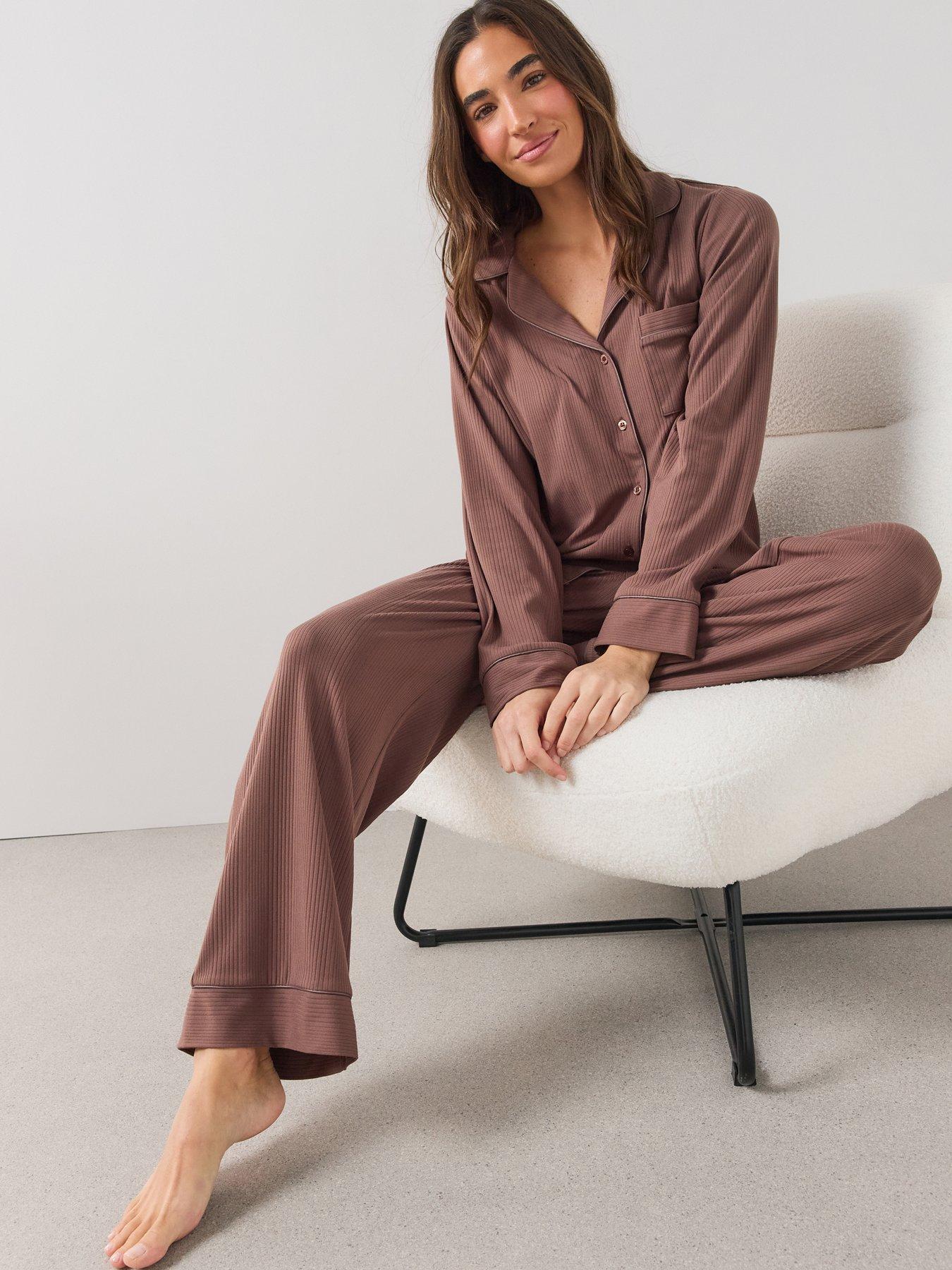 Image 1 of 6 of The Very Collection Soft Touch Jersey Revere Pyjama Set - Brown