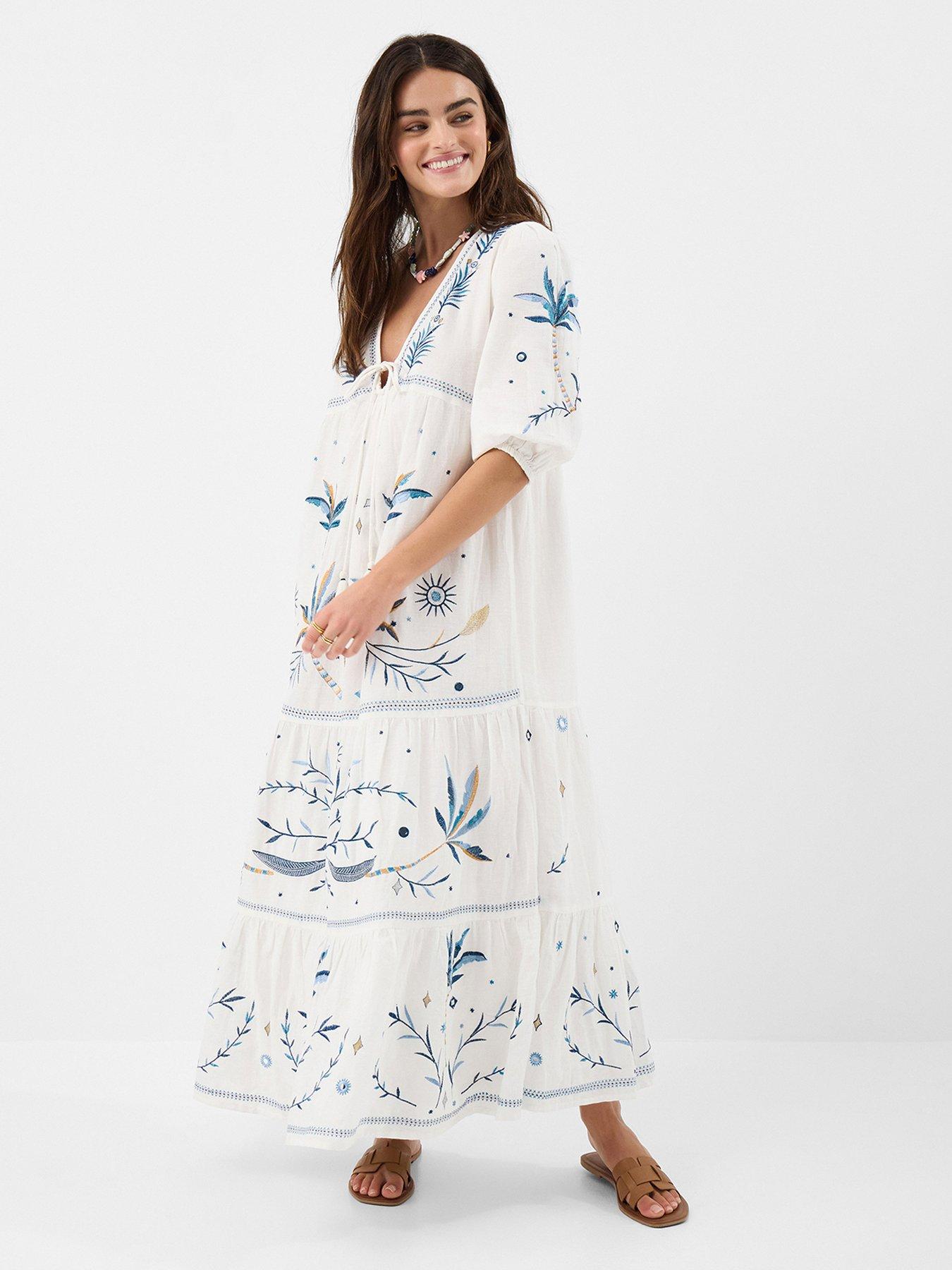 Image 1 of 3 of Accessorize Celestial Embroidered Statement Dress - Cream