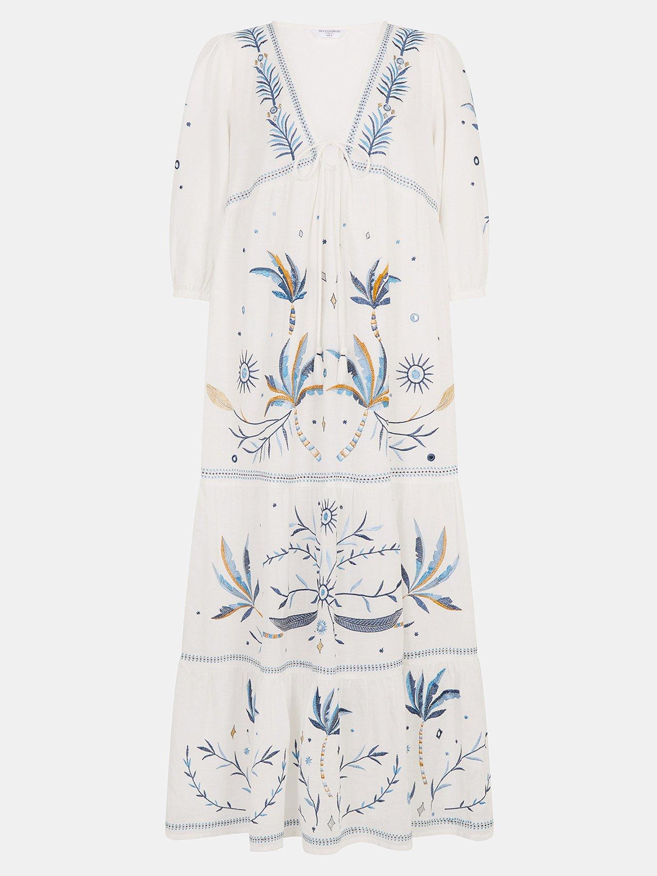 Image 3 of 3 of Accessorize Celestial Embroidered Statement Dress - Cream