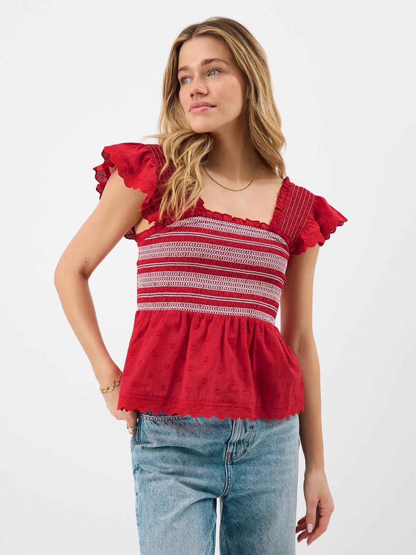 Accessorize Smocked Broderie Top - Red