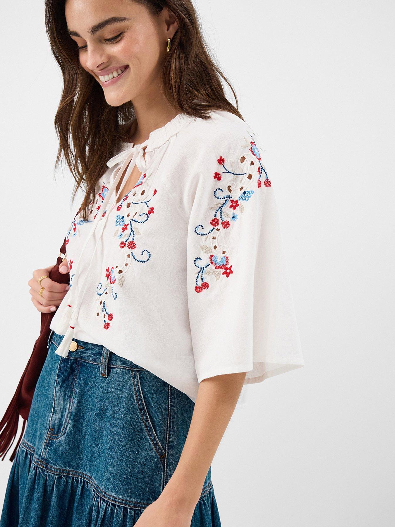 Image 1 of 5 of Accessorize Floral Emb Blouse - White