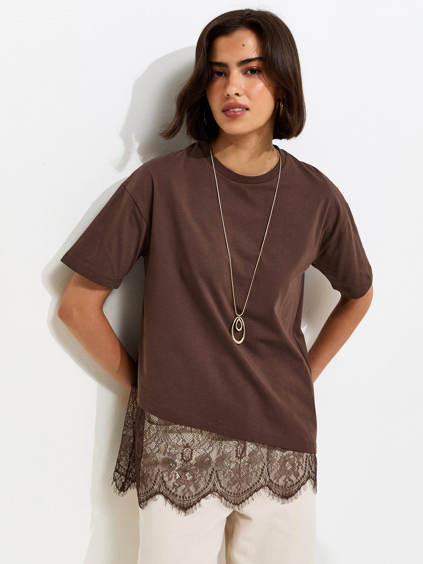 New Look Cotton Scalloped Lace T-Shirt - Dark Brown