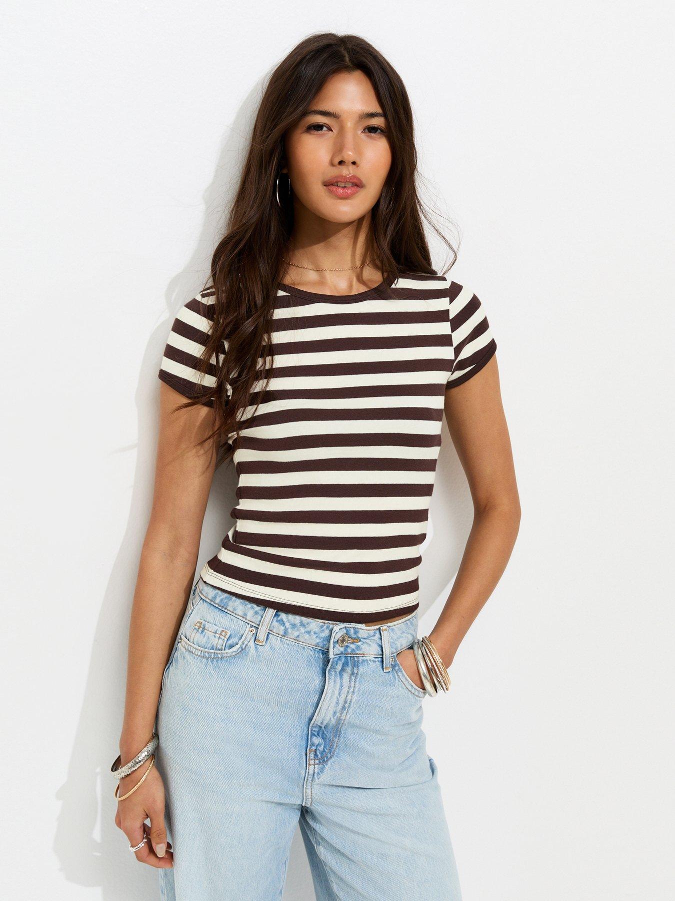 New Look Cotton Rich Striped Contrast Trim Ringer T-Shirt - Brown