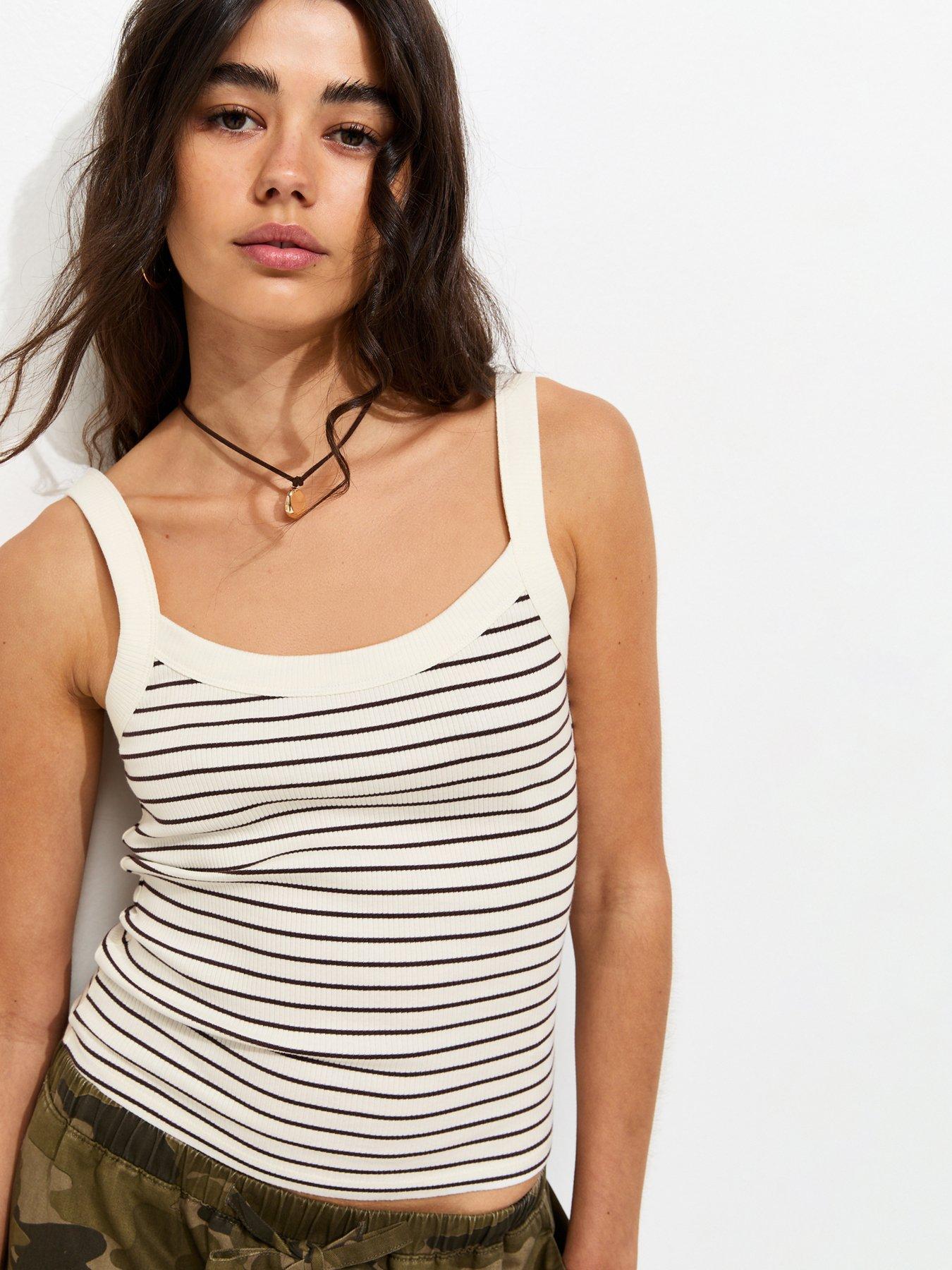 New Look Cotton Rich Striped Scoop Neck Ribbed Cami Top - Brown