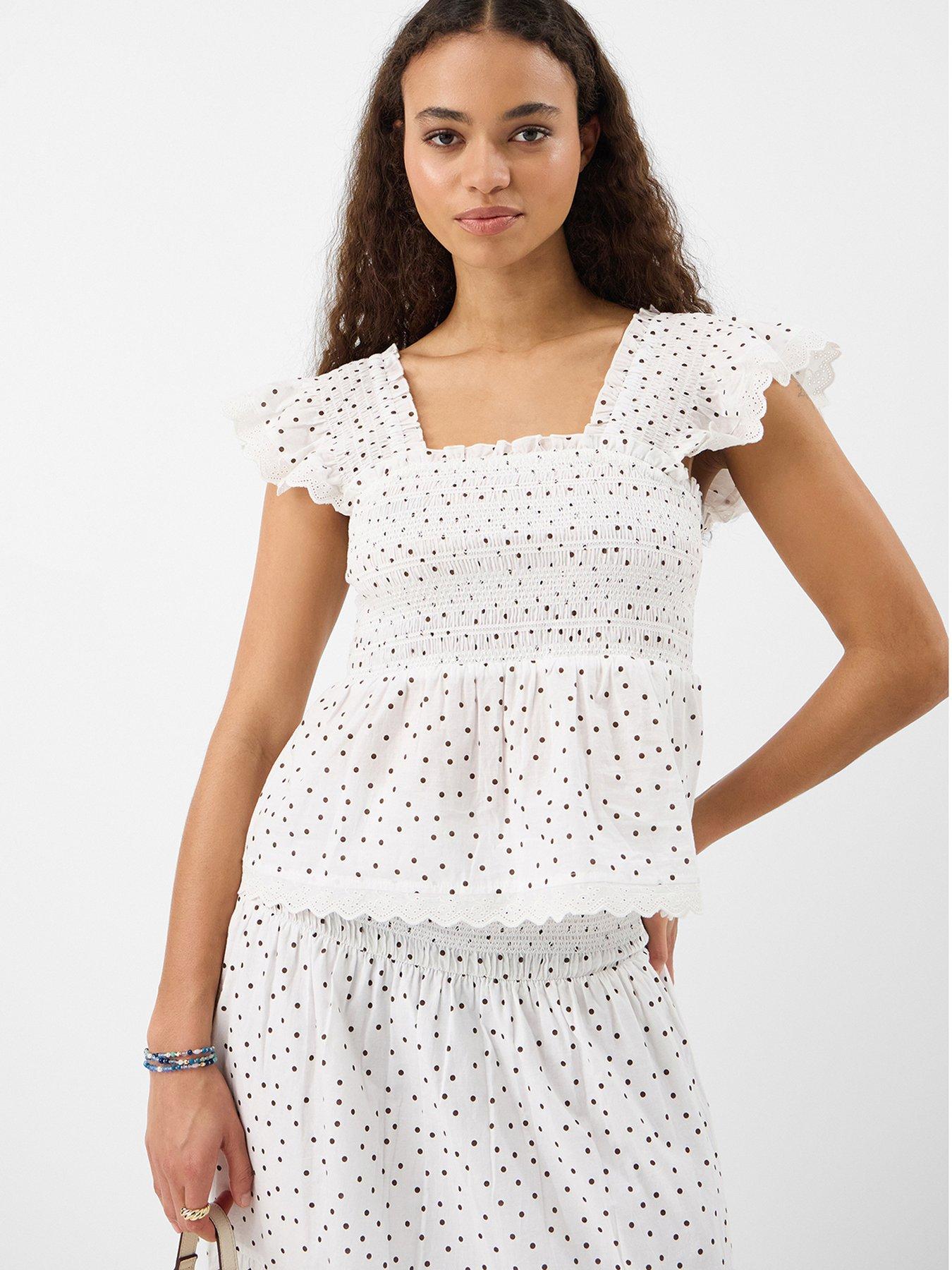 Image 1 of 5 of Accessorize Frill Polka Dot Smocked Top - Cream