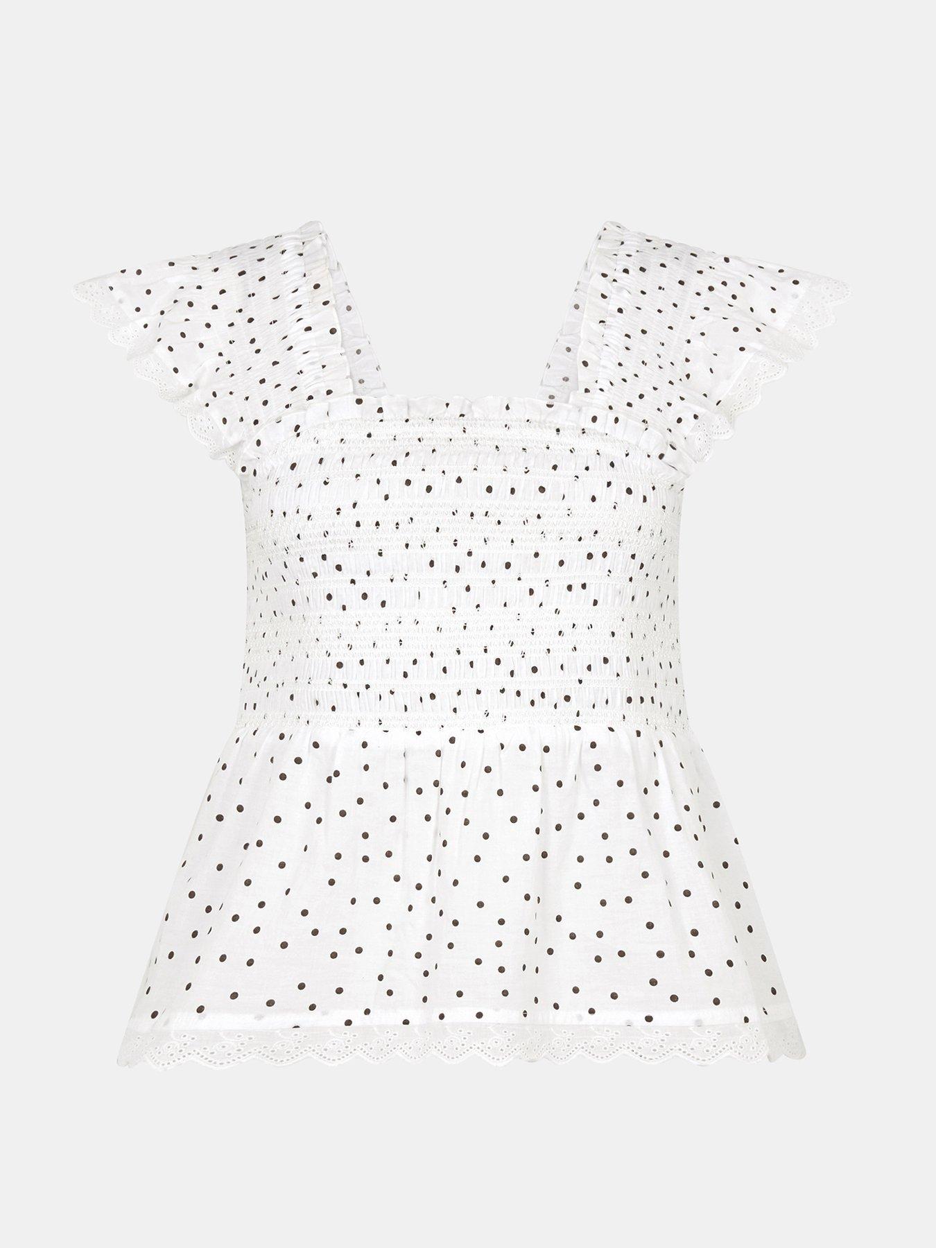 Image 5 of 5 of Accessorize Frill Polka Dot Smocked Top - Cream
