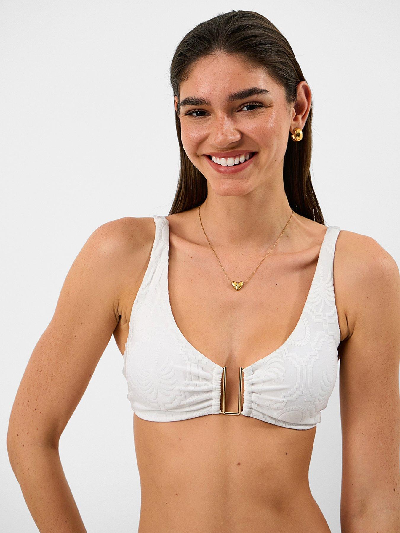 Image 1 of 5 of Accessorize Jacquard Gold Trim Bikini Top - White
