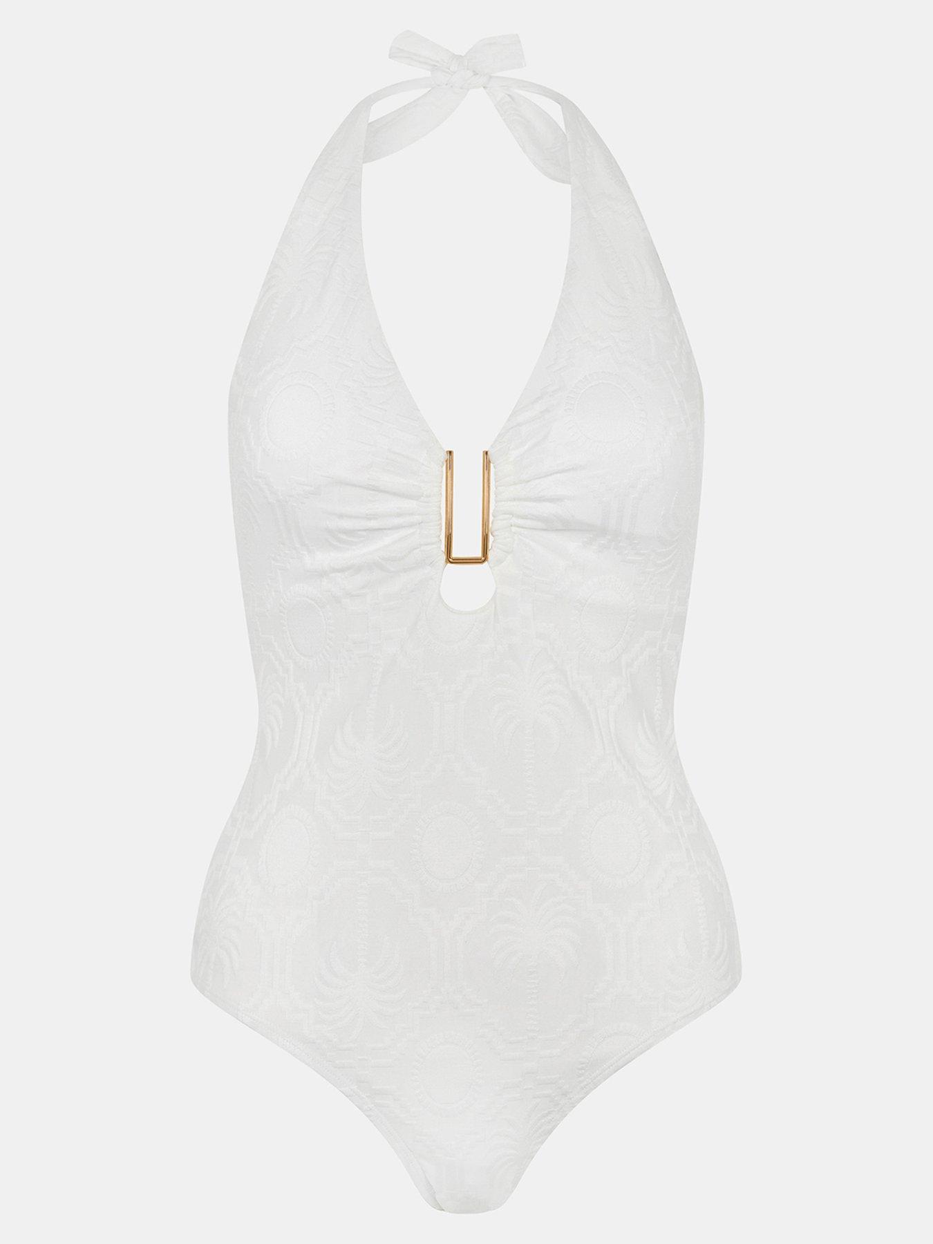 Image 5 of 5 of Accessorize Jacquard Gold Trim Swimsuit - White