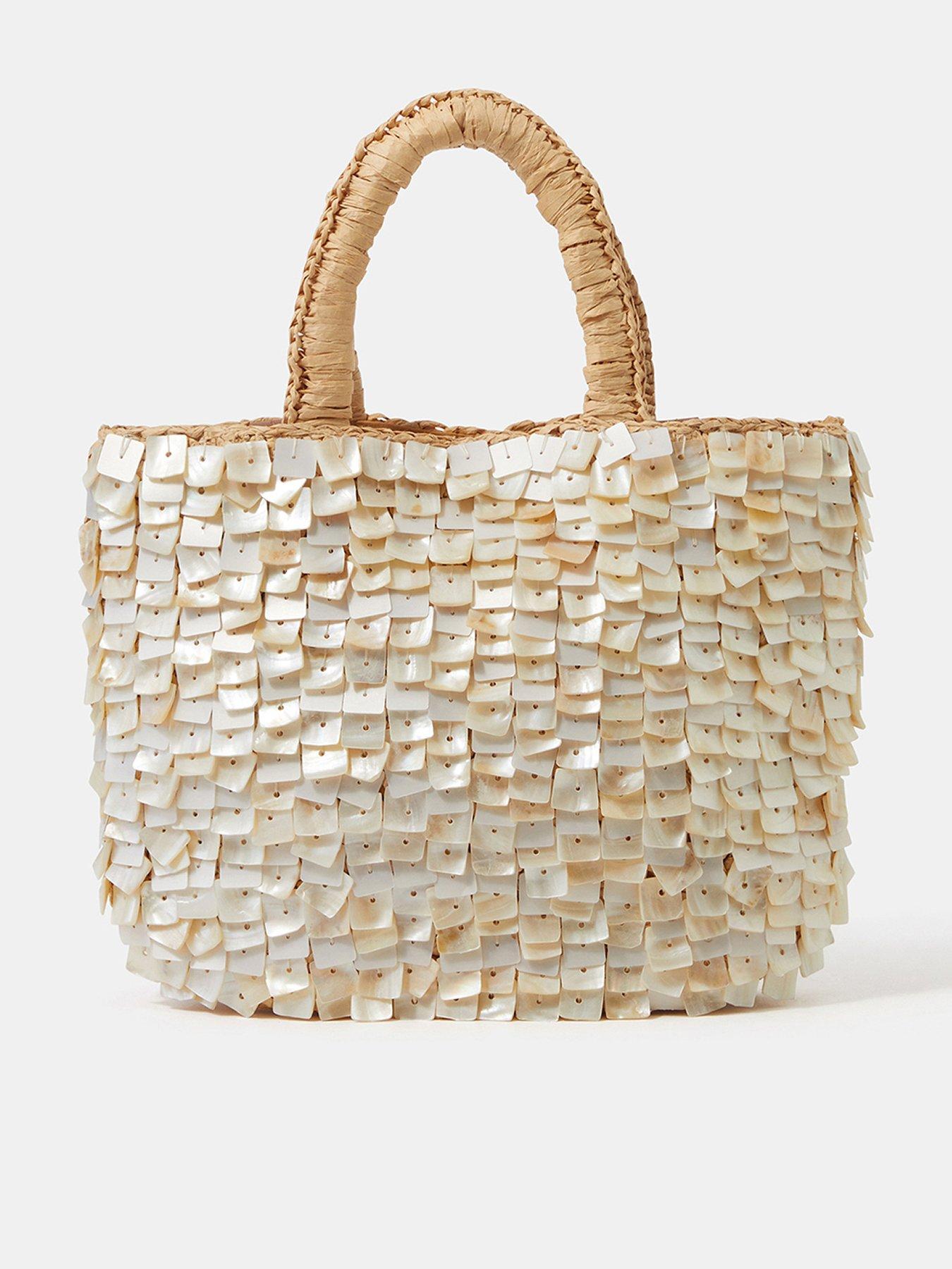 Image 1 of 5 of Accessorize Pearl Tile Raffia Handheld Bag - Cream
