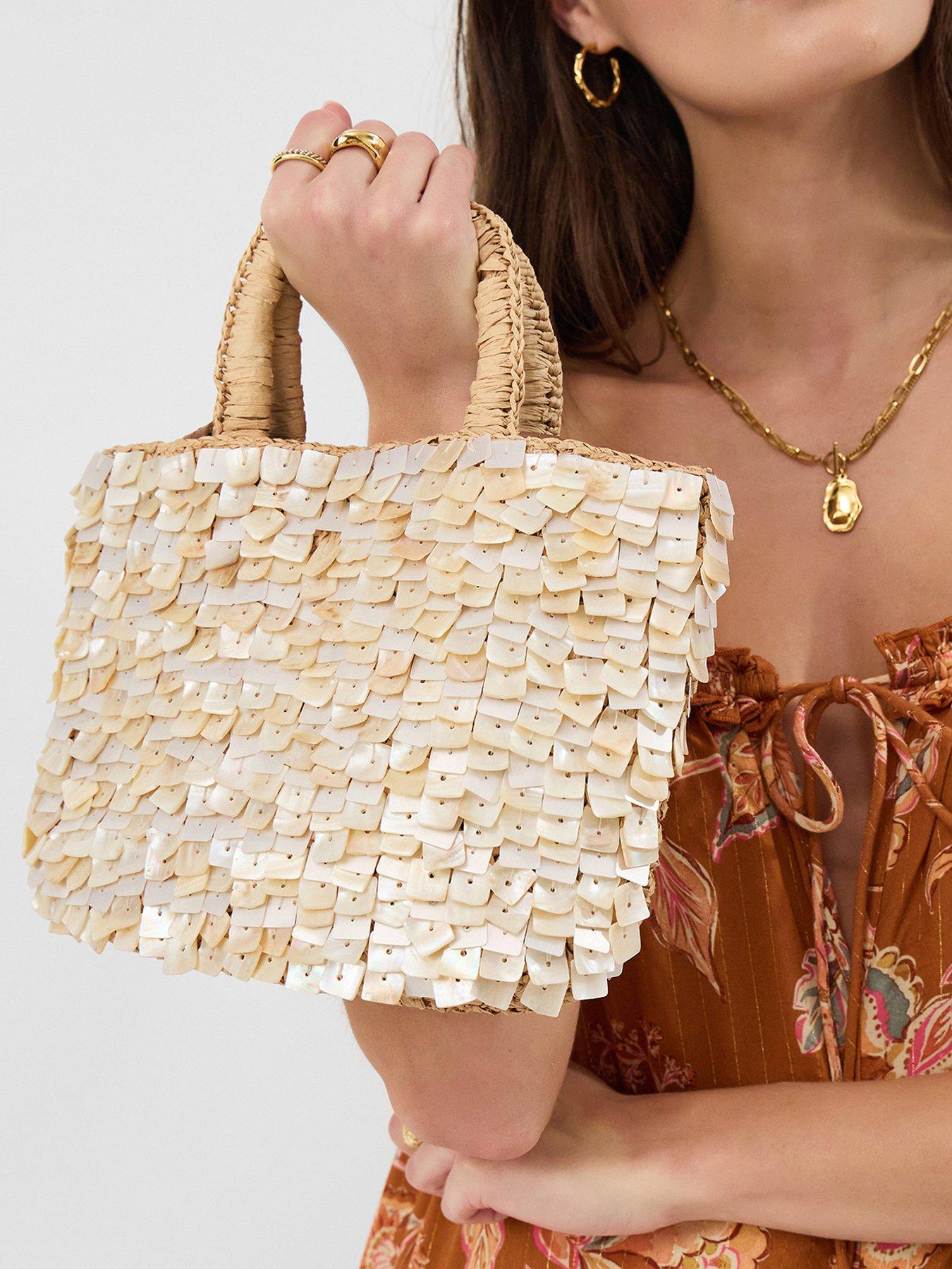 Image 2 of 5 of Accessorize Pearl Tile Raffia Handheld Bag - Cream