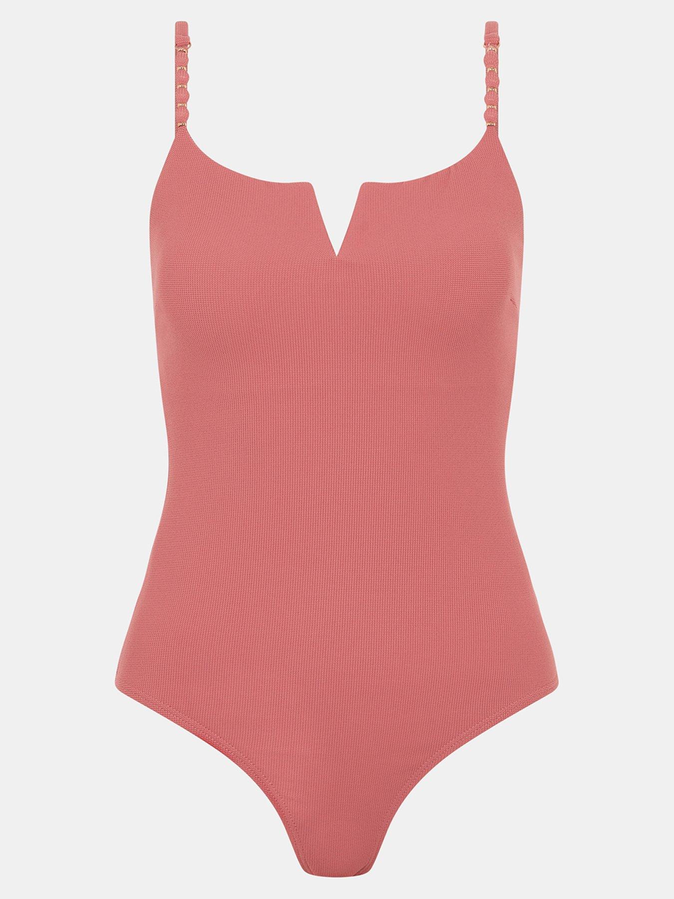 Image 5 of 5 of Accessorize Textured V Insert Swimsuit With Bead Straps - Orange