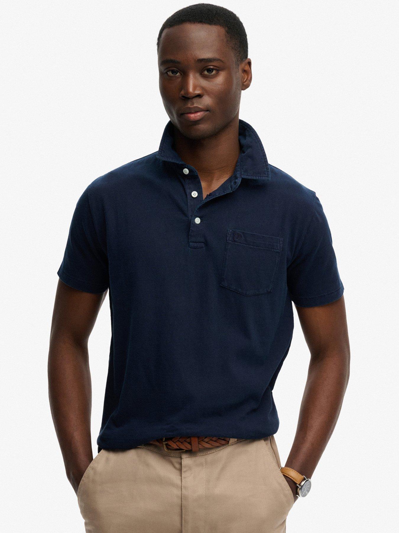 Image 1 of 6 of Superdry Classic Cotton Linen Short Sleeve Polo Top - Navy
