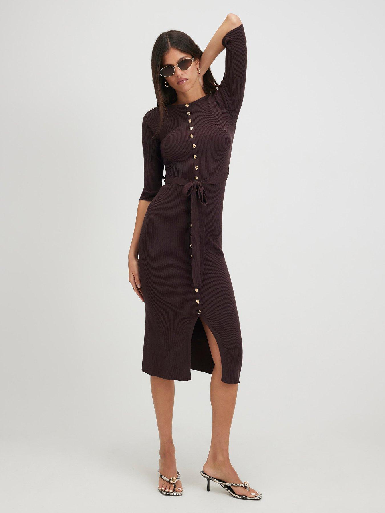 River Island Belted Midi Ribbed Dress - Brown