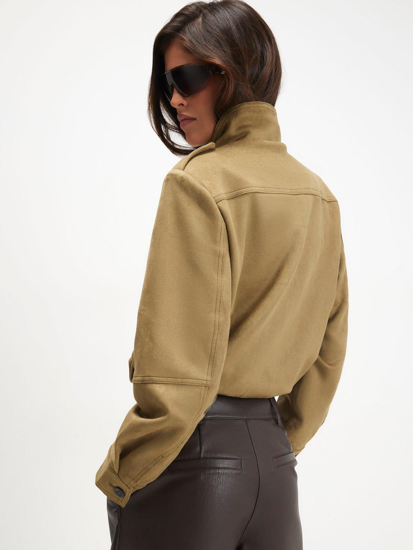 Image 2 of 5 of River Island Faux Suede Funnel Neck Bomber Jacket - Green