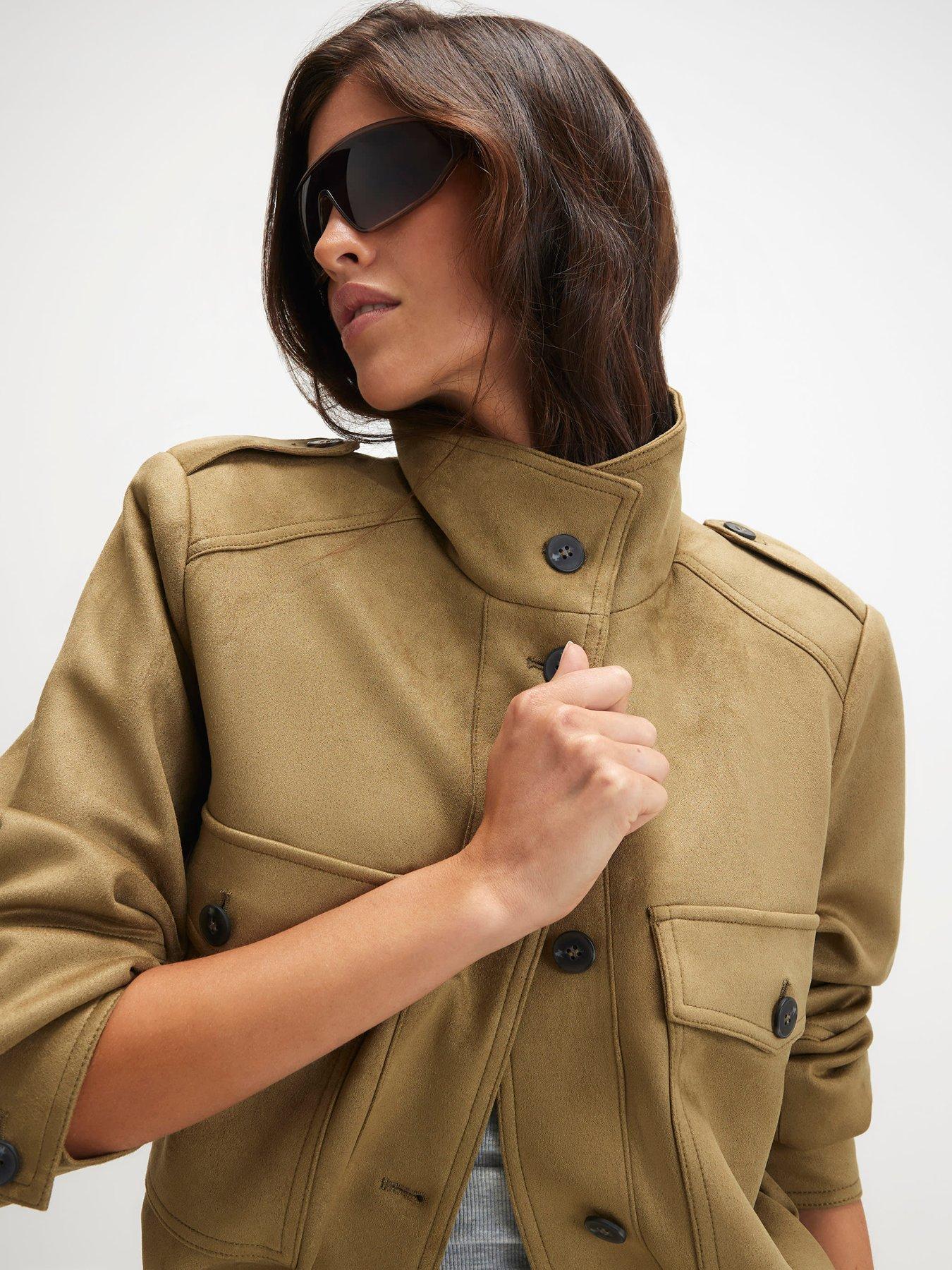 Image 3 of 5 of River Island Faux Suede Funnel Neck Bomber Jacket - Green