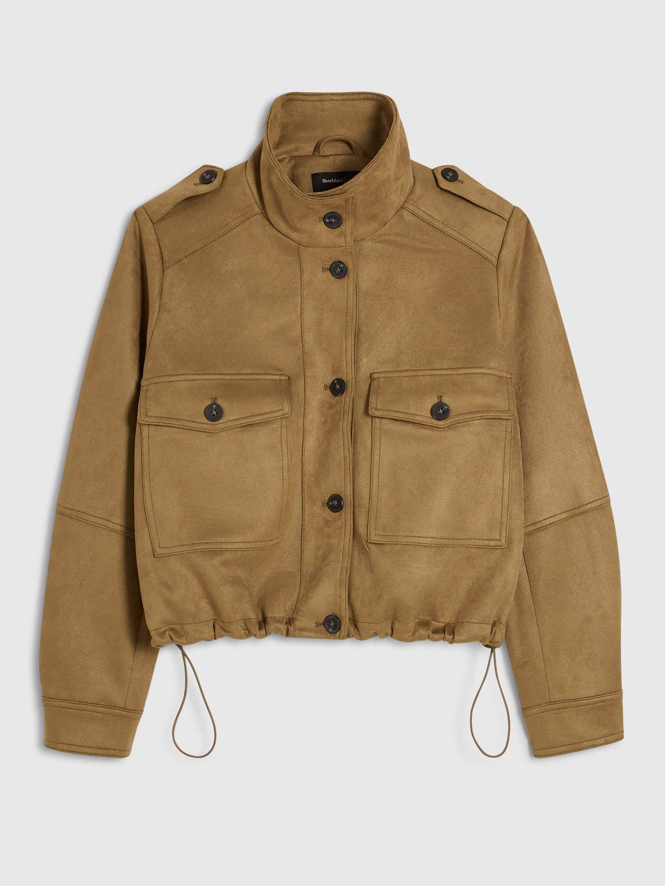 Image 4 of 5 of River Island Faux Suede Funnel Neck Bomber Jacket - Green