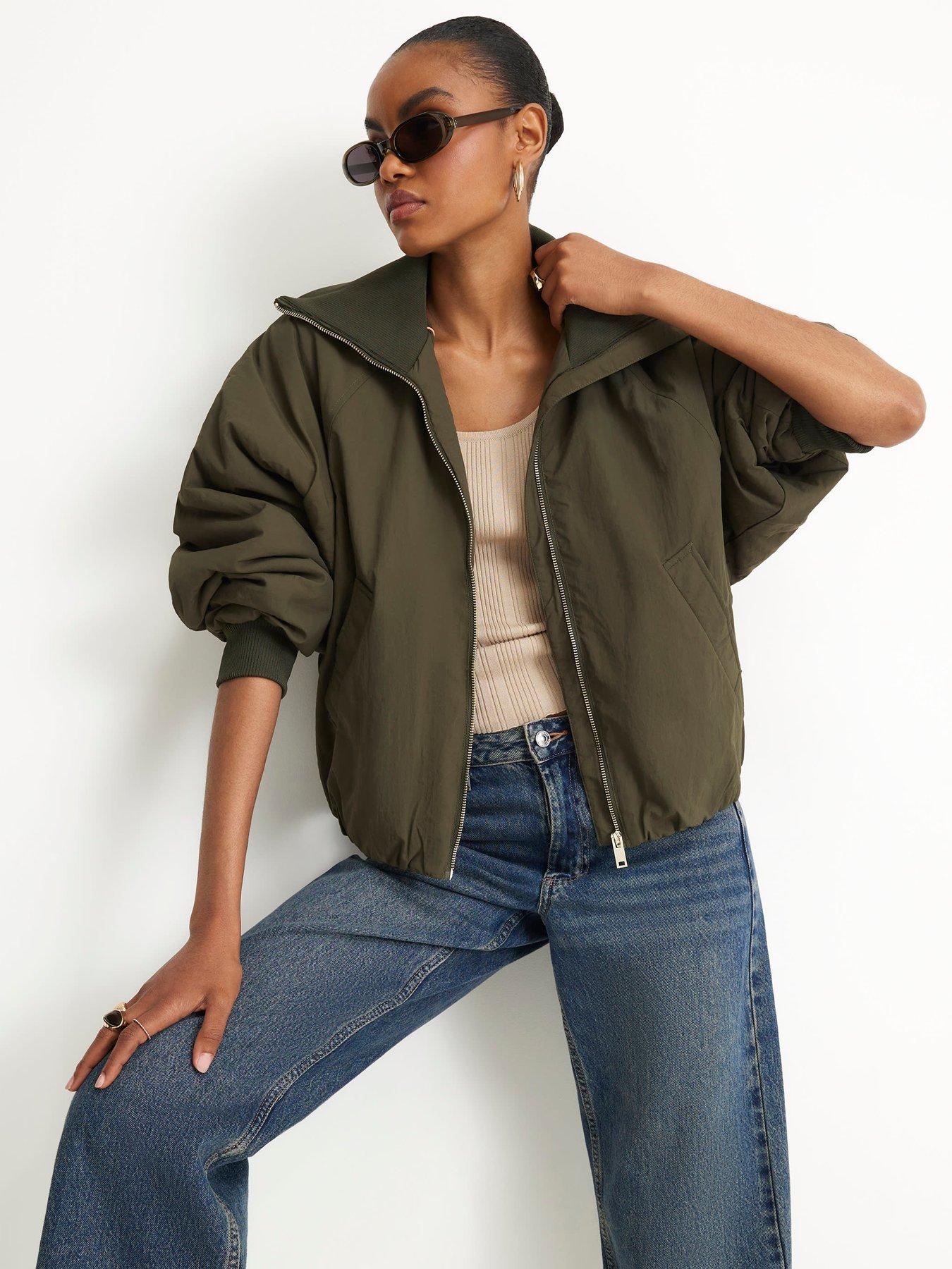 Image 1 of 5 of River Island Funnel Neck Bubble Hem Bomber Jacket - Green