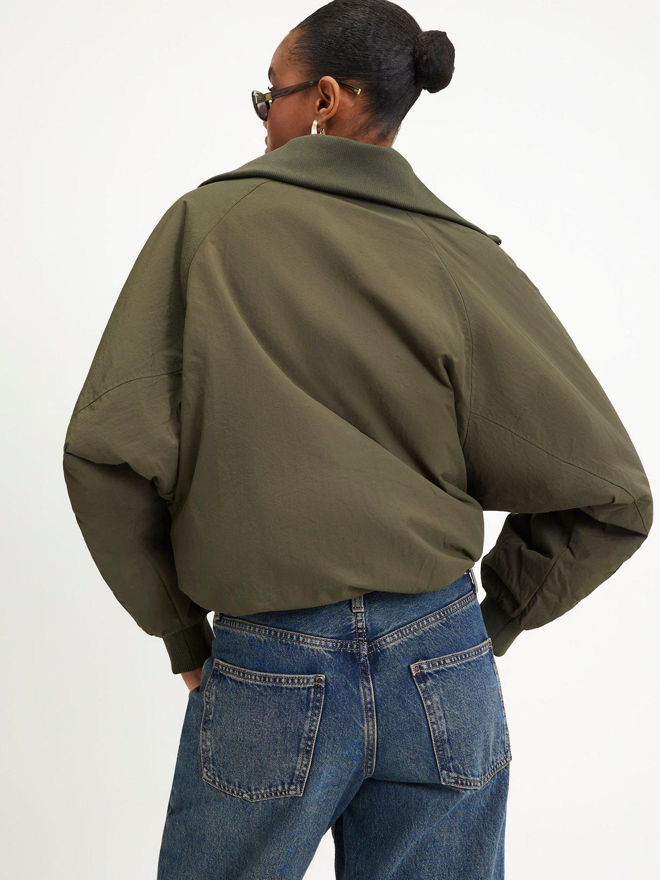 Image 2 of 5 of River Island Funnel Neck Bubble Hem Bomber Jacket - Green