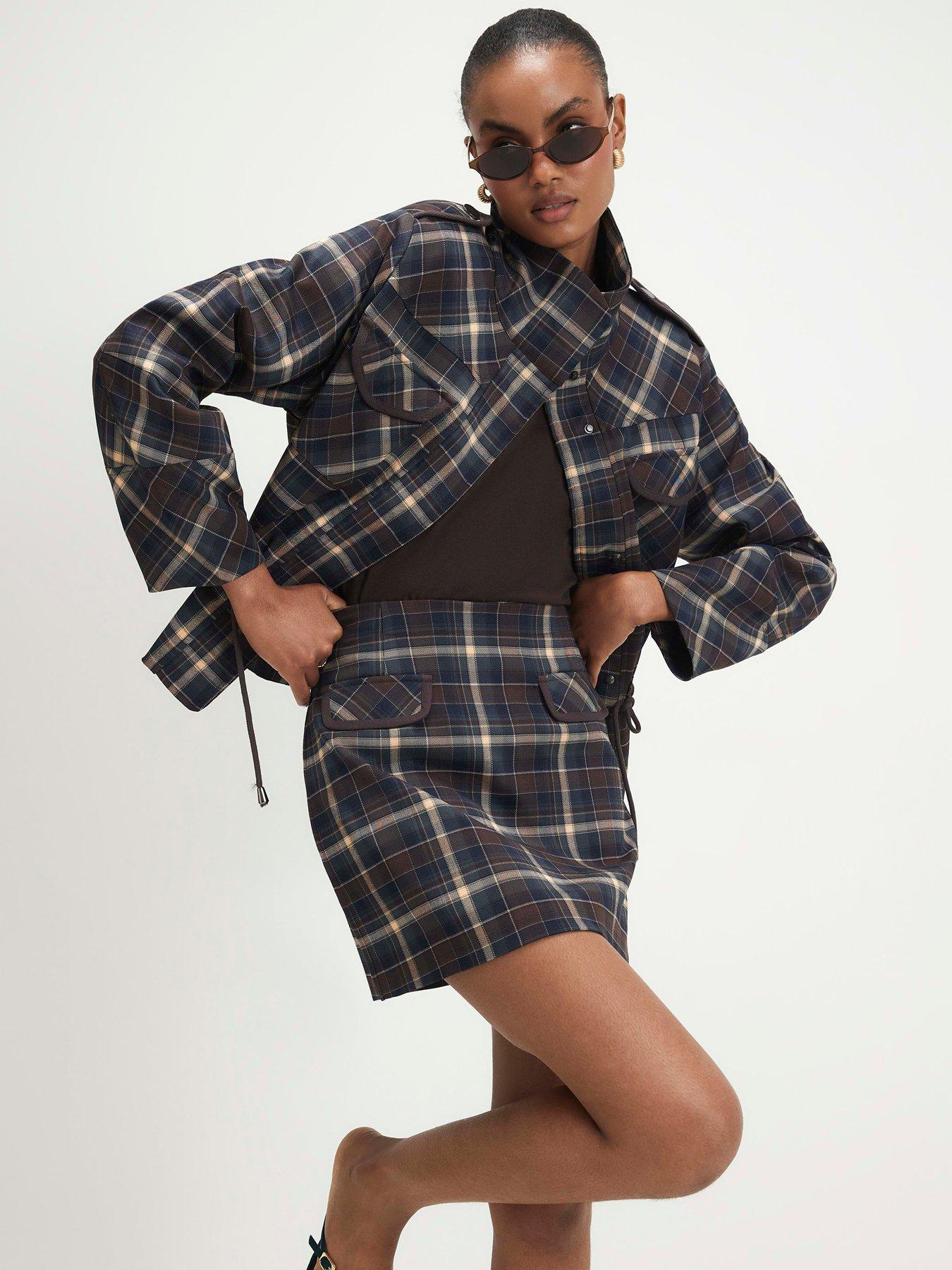Image 1 of 6 of River Island Womens A-Line Check Structured Waistband Mini Skirt - Blue