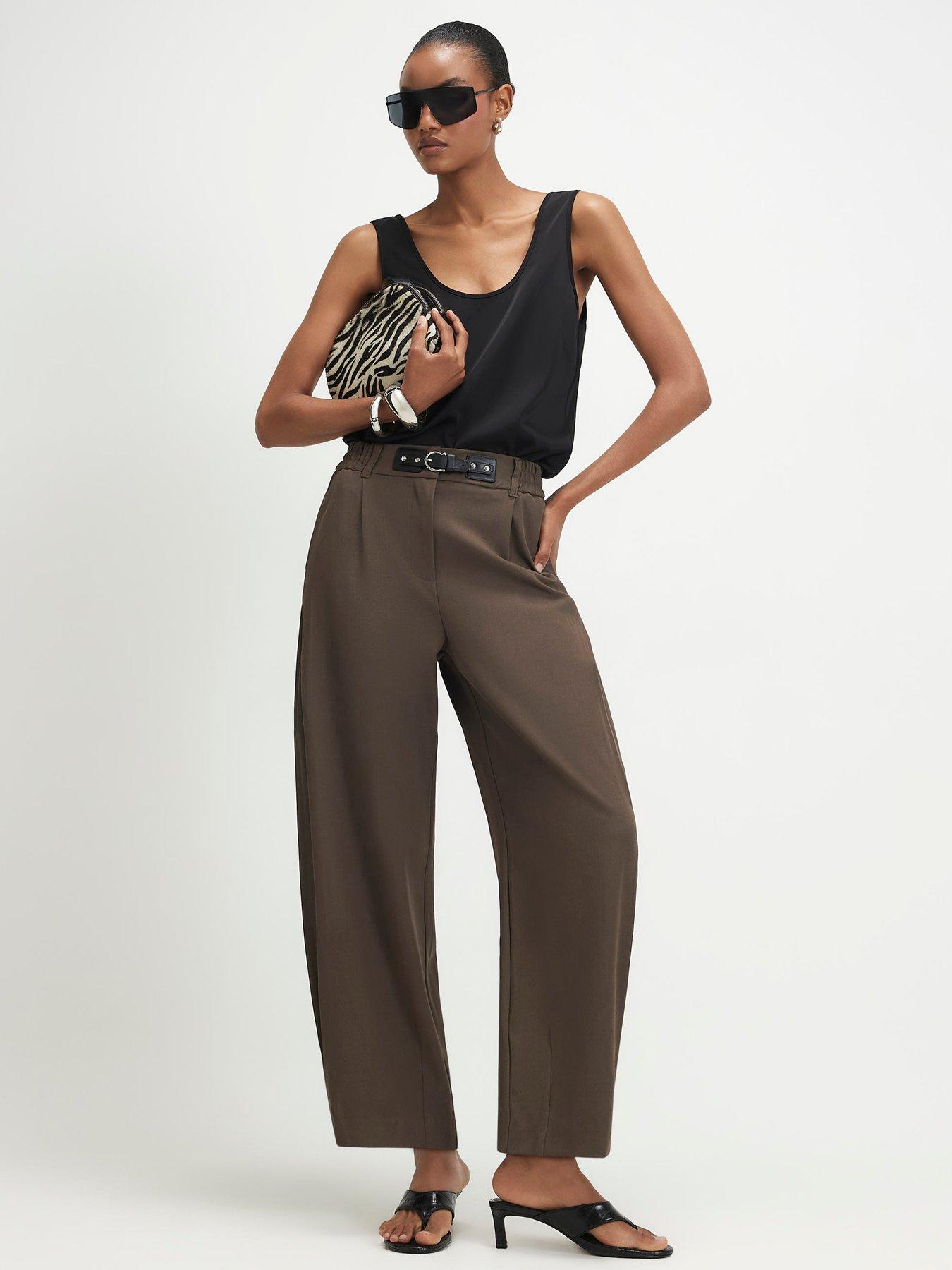 Image 1 of 6 of River Island Belt Trim Elastic Back Barrel Trousers - Brown