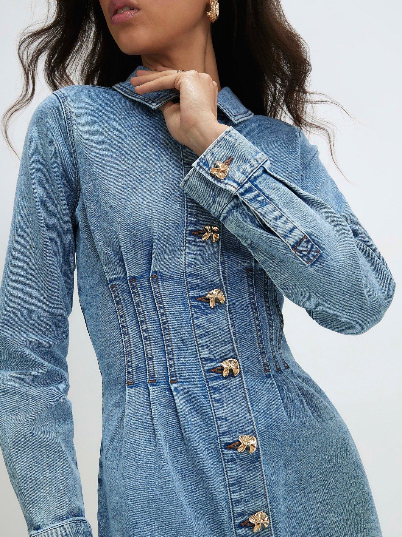 Image 4 of 6 of River Island Womens Cinched Waist Button-Through Mini Denim Dress - Blue
